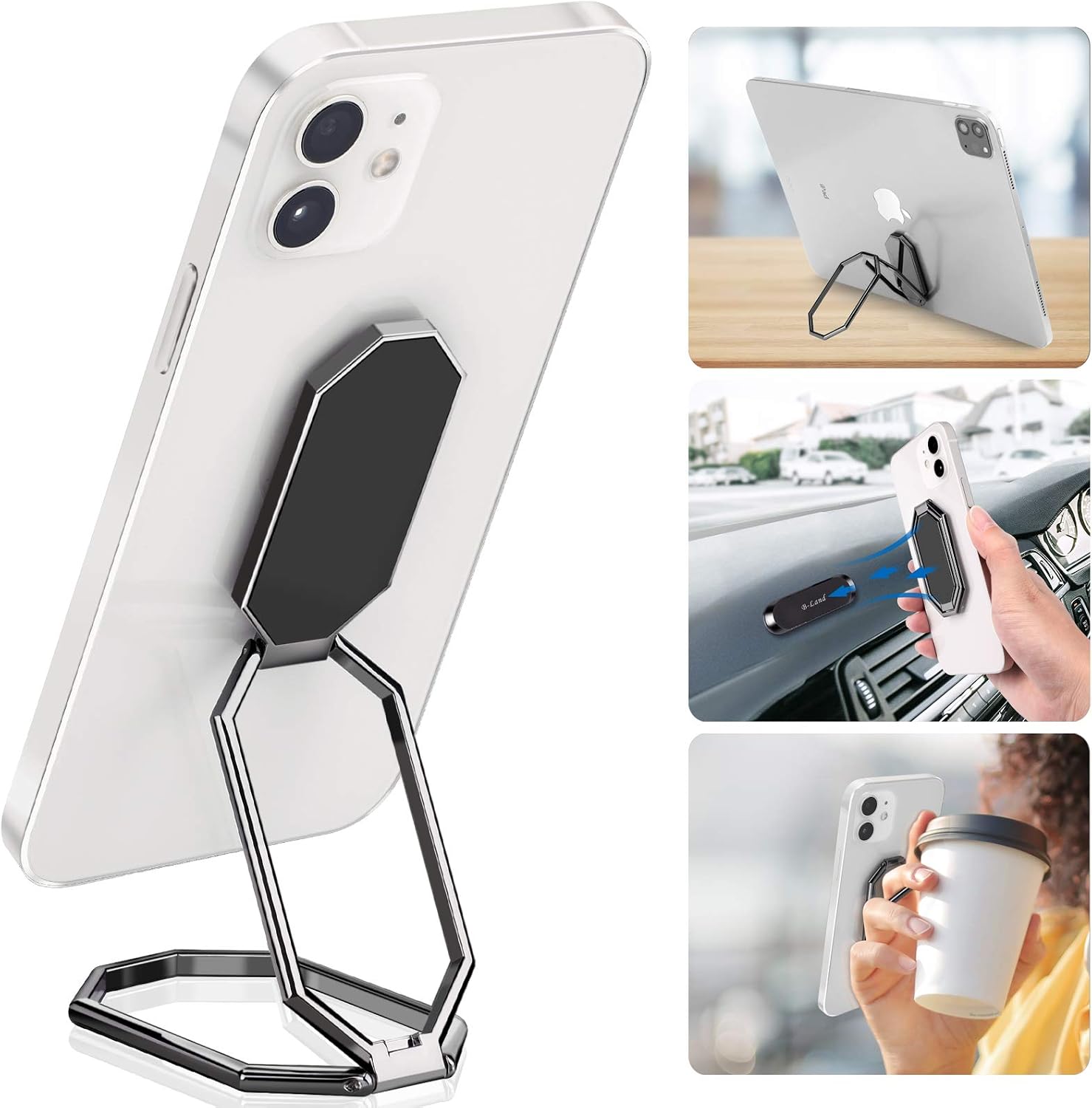Phone Ring Holder Finger Kickstand, B-Land 360° Rotation Metal Ring Grip Work with Magnetic Car Mount, Foldable Cell Phone Stand Compatible with All Smartphones Tablets (Black)