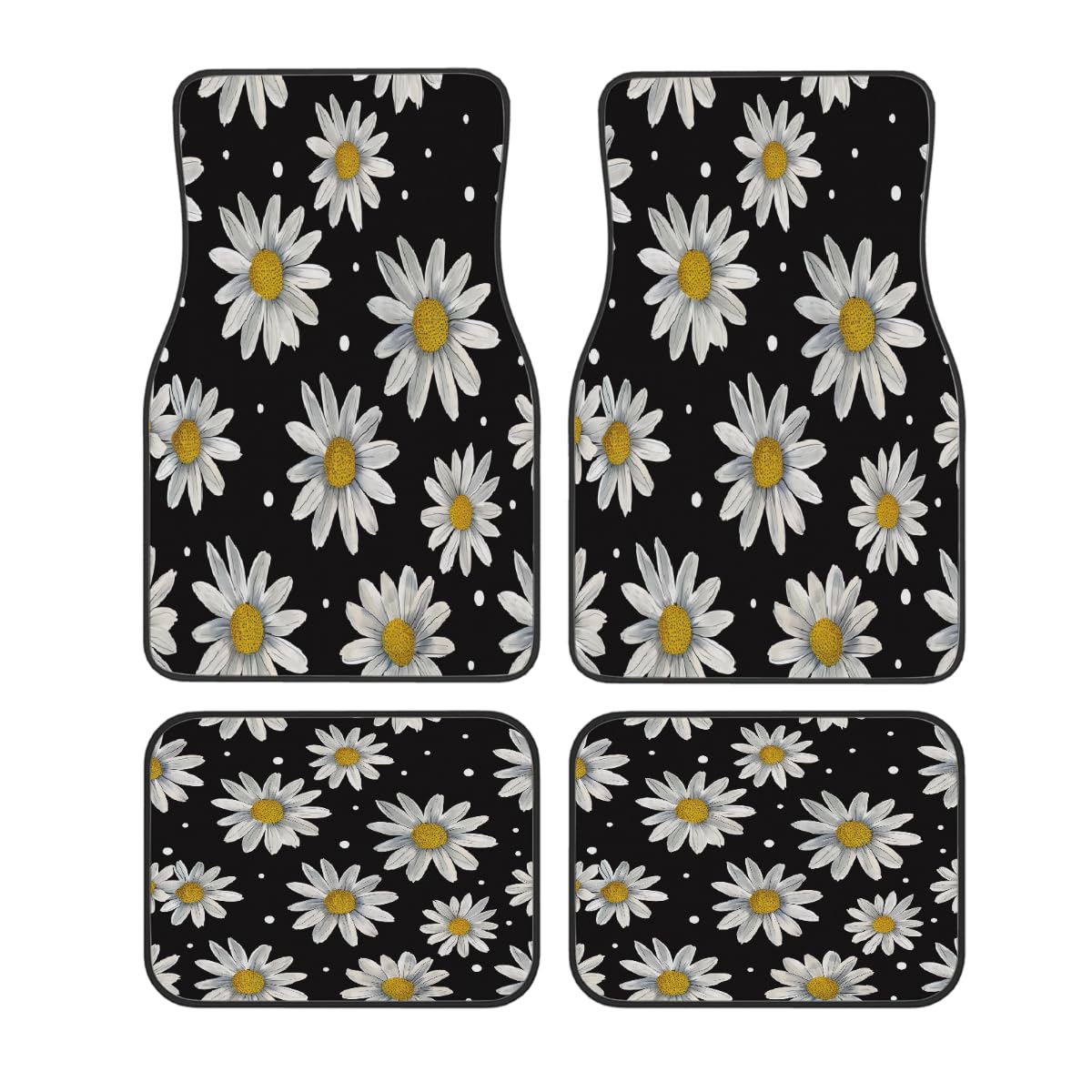 Lot de 4 tapis de voiture universels en polyester imprimé marguerites blanches pois noirs avec dos antidérapant pour voitures, SUV, camions et camionnettes