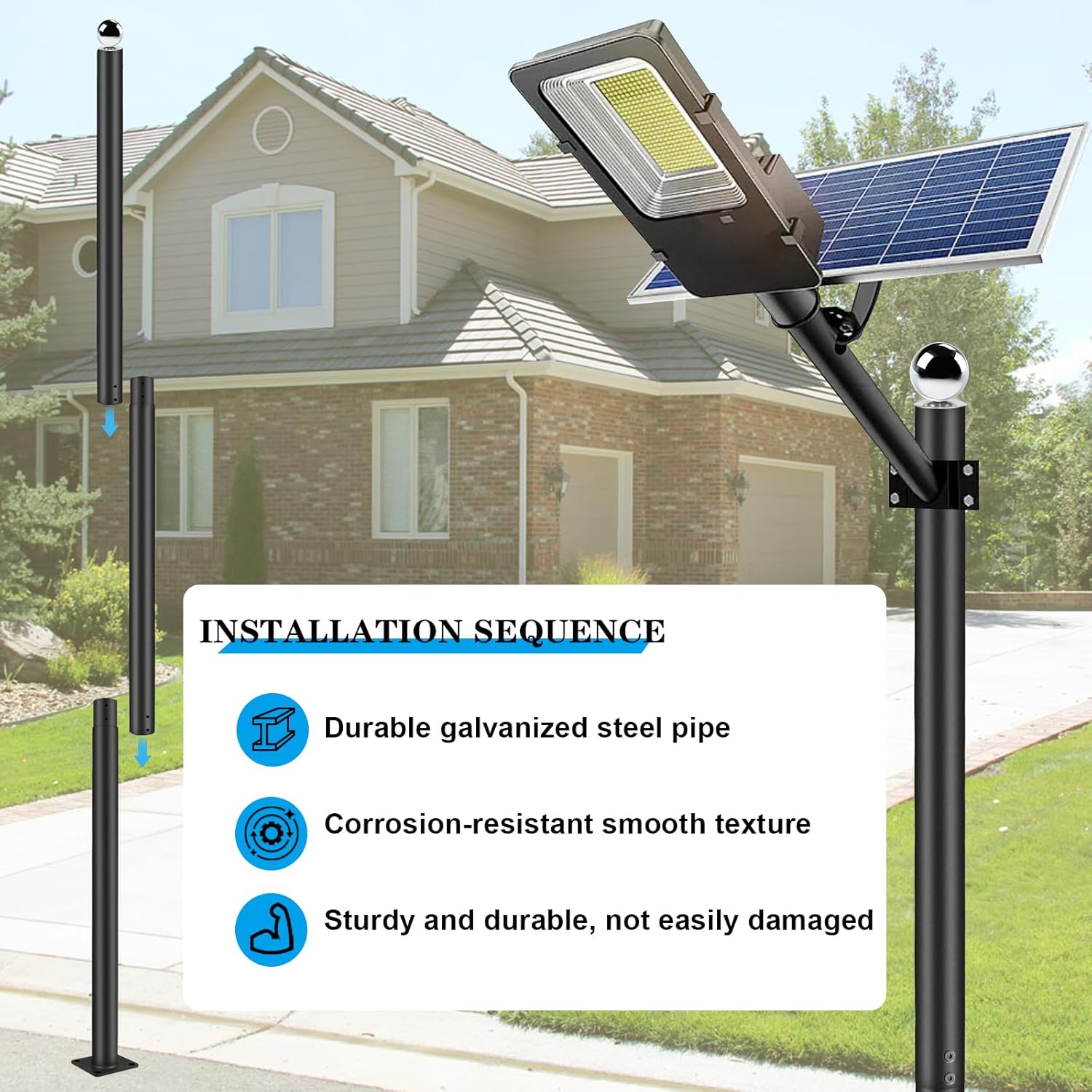 10Ft Street Light Pole, Street Light Poles for Outdoor Lighting, Solar Street Light Pole Accessory for Street, Patio, Backyard, Basketball Court, Park with Mounting Rebar