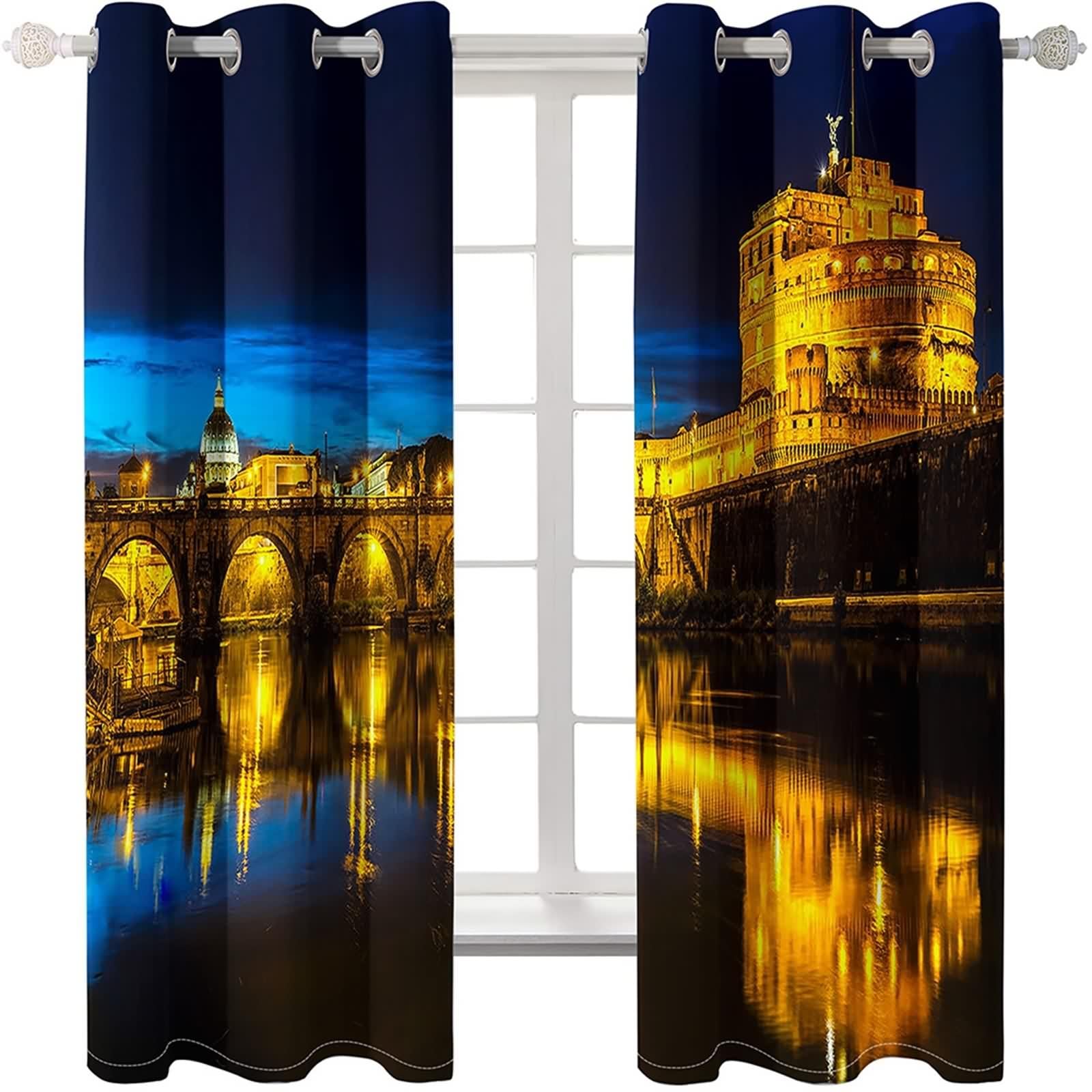 Rideau Fenetre, Rideau Fenetre Chambre Noir Or Bleu Polyester Architecture Ancienne de Style Européen 214L x 229H CM Lot de 2