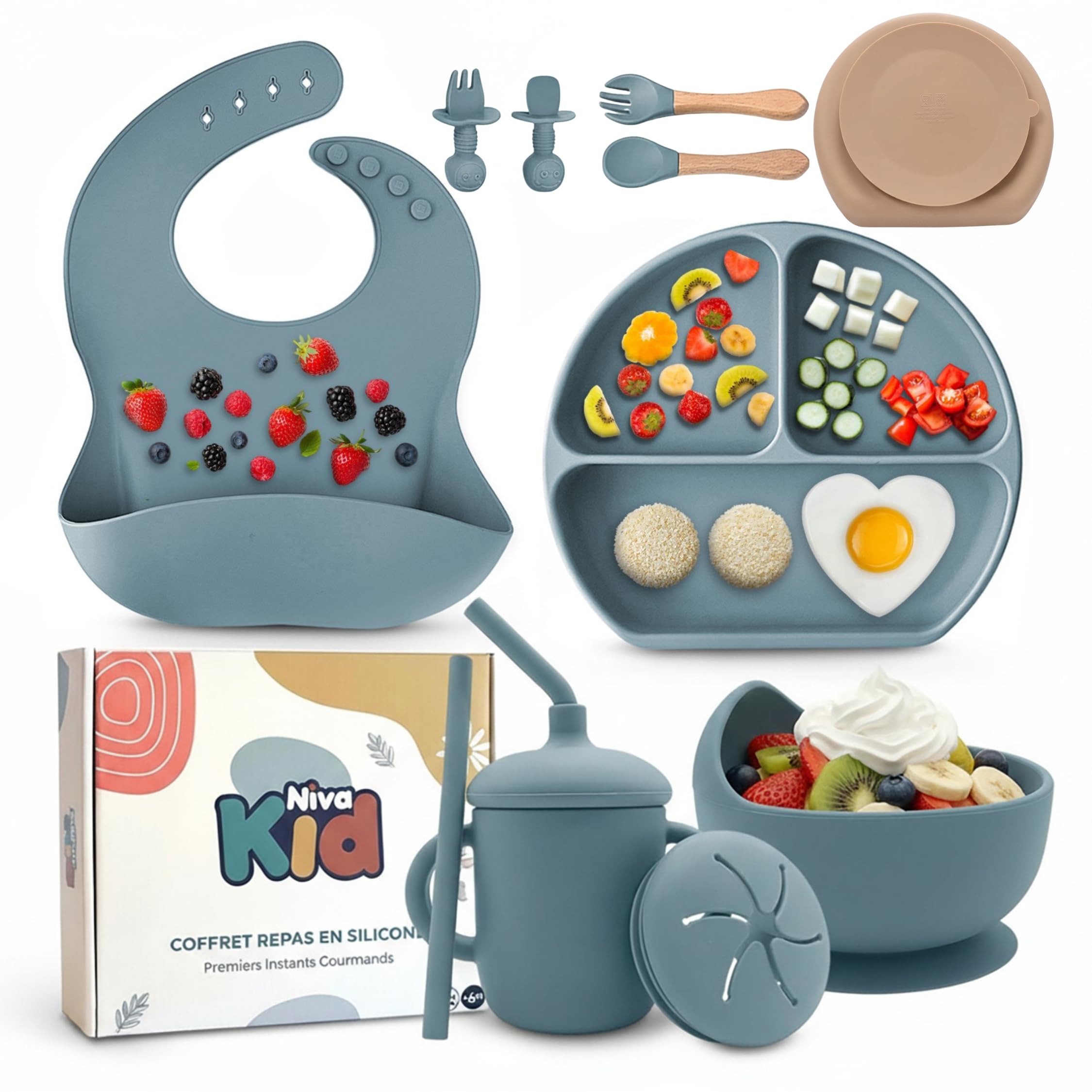 Set Pappa Svezzamento, Regalo Nascita Bimbo e Battesimo, Piatto con Ventosa in Silicone Alimentare, Senza BPA, Lavabile in Lavastoviglie, Set Neonato Completo, Idea Regalo Neonato