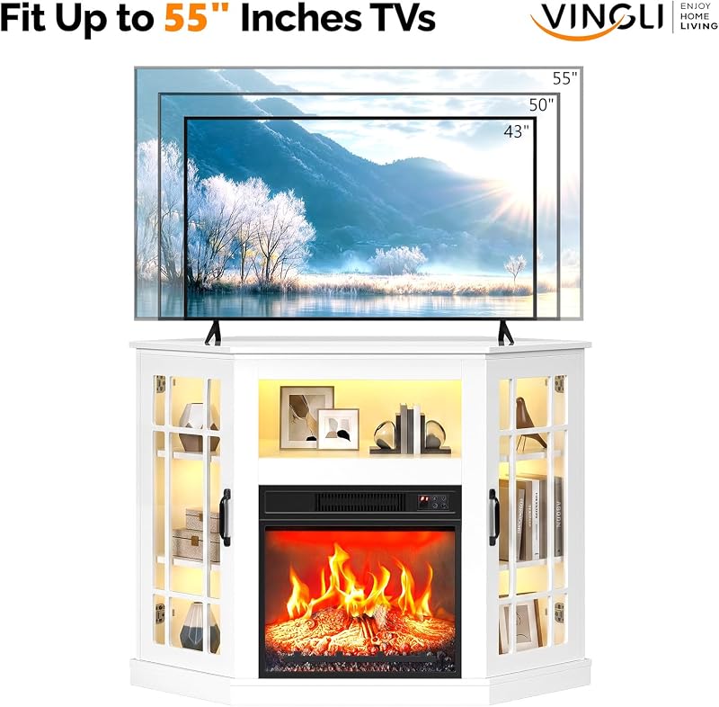 VINGLI Corner Fireplace TV Stand with Storage for TVs up to 55", White image 4