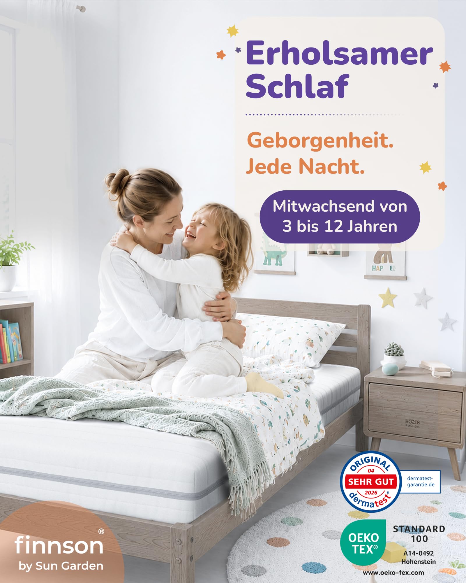 Sun Garden Kindermatratze 90x200 cm 2-in-1 Mitwachs-System Oeko-Tex Dermatest Komfortschaum RG28 Made in Europe