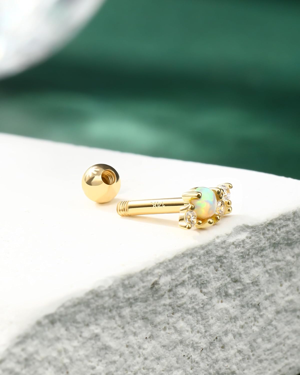 COCHARM 14K Solid Gold Helix Earring Stud 16g Yellow Gold Cartilage Tragus Piercing White Opal Climb Conch Jewelry 6mm 8mm, Real Gold Helix Piercing Jewelry for Women