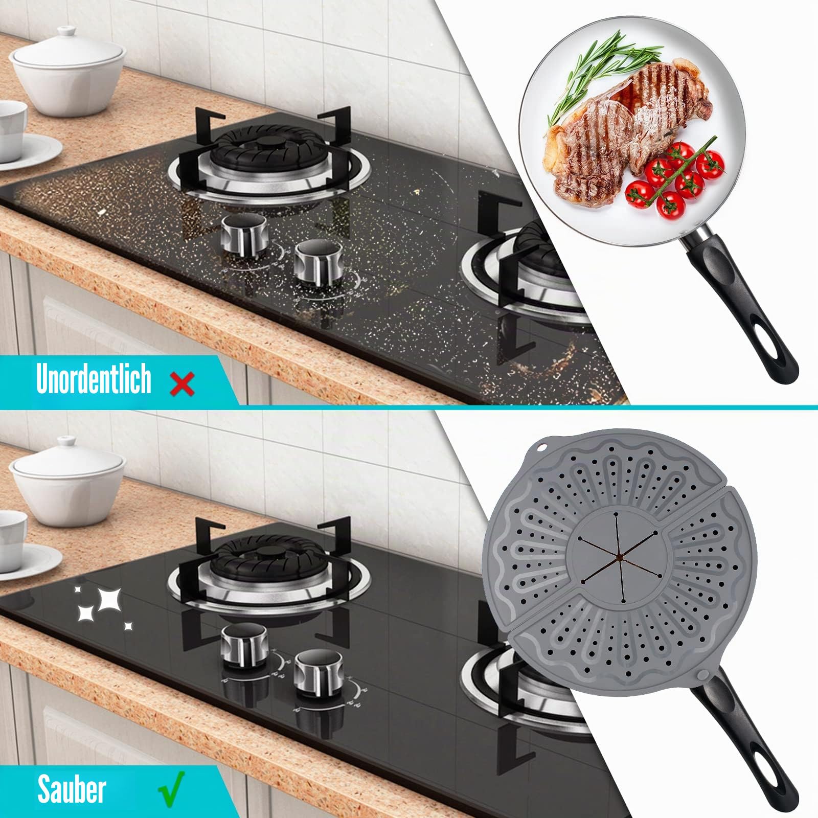 Silikon-Spritzschutz für 25,4 cm, 27,9 cm und 30,5 cm Bratpfanne, faltbarer Spritzschutz, Mehrzweck-Fettspritzschutz/Untersetzer, 30,5 cm, antihaftbeschichtet, Ölspritzschutz, spülmaschinenfest, | Faltbarer Spritzschutz, Mehrzweck-Fettspritzschutz/Unterse