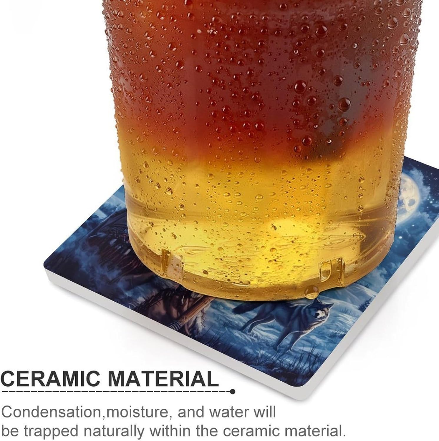 Native USA Indian Moon Wolf Ceramic Coasters Square Drinks Coaster Coffee Table Decor Table Coaster for Home Bar