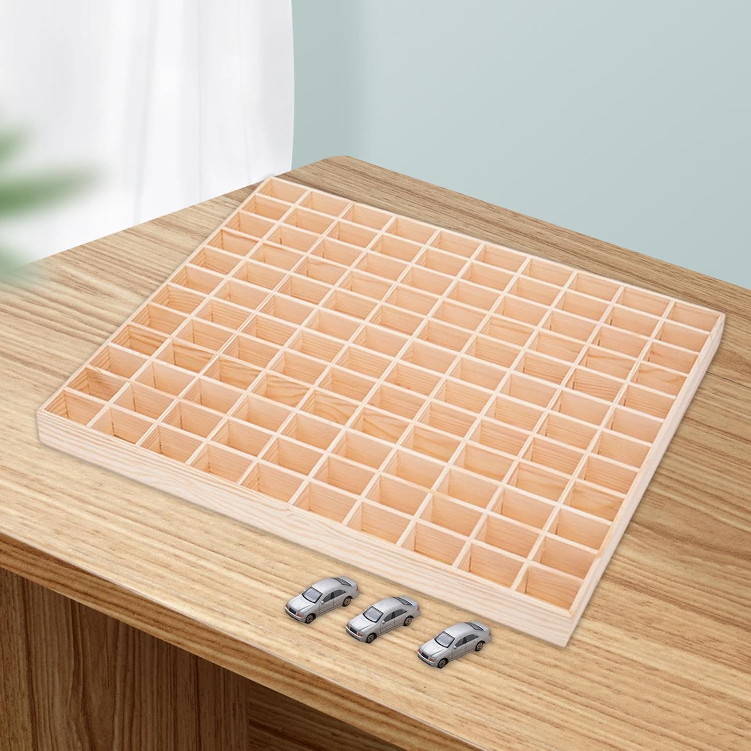 カーモデル収納ボックス ディスプレイケース 木製 120グリッド コレクション整理 棚箱 仕切り付き 頑丈 多機能 展示 小物収納