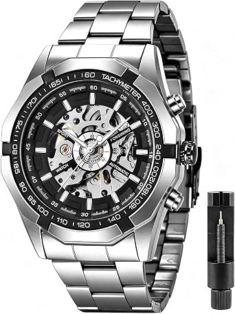 Tiong Men's Watch Luxury Skeleton Mechanical Stainless Steel Waterproof Black Automatic Self-Winding Wrist Watches for Men