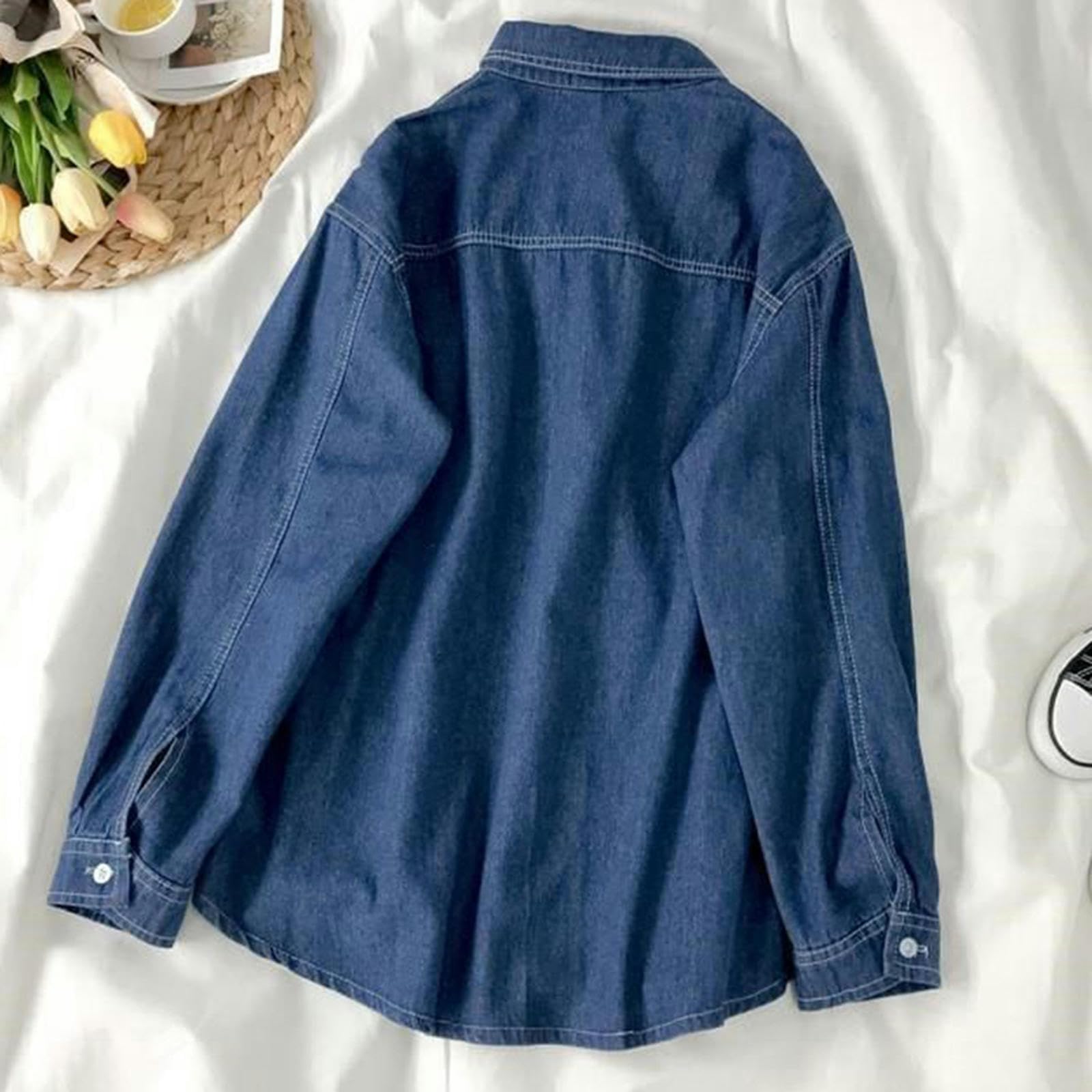 Camisa Vaquera de Manga Larga de otoño Camisa con Bolsillo de un Solo Pecho Camisa Vaquera de Solapa para Mujer Mujer-8335 Azul-XL