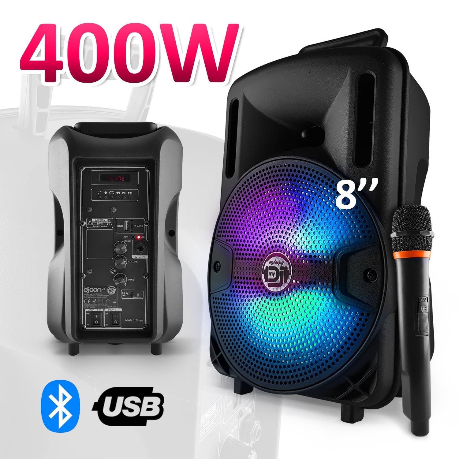 Karaoke - Altoparlante per bambini, 400 W, con batteria portatile con LED USB/SD/Bluetooth, 2 microfoni, cavo PC per smartphone, tablet