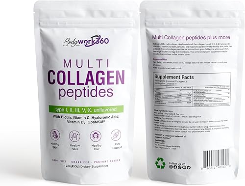 Polvo de péptidos de colágeno múltiple para hombres y mujeres  Tipo I, II, III, V, X con ácido hialurónico, biotina, vitamina C, vitamina D3 y