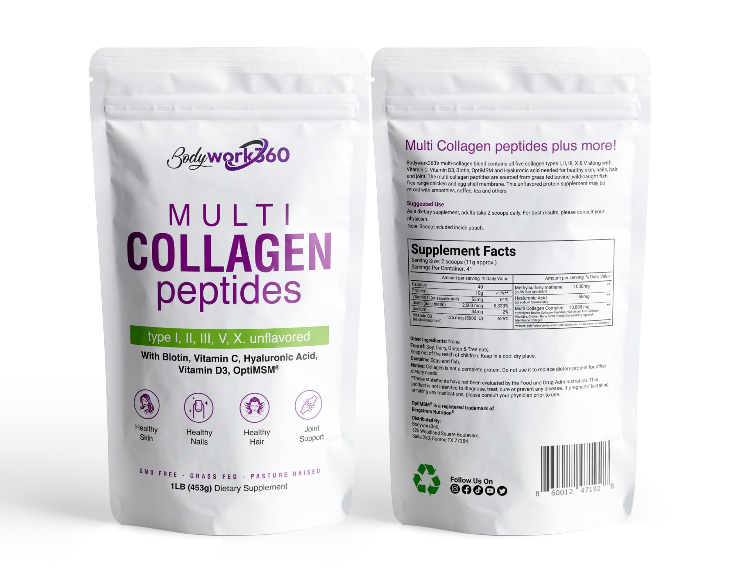 Multi Collagen Peptides Powder for Men & Women | Type I,II,III,V,X with Hyaluronic Acid, Biotin, Vitamin C, Vitamin D3 & OptiMSM - Unflavored
