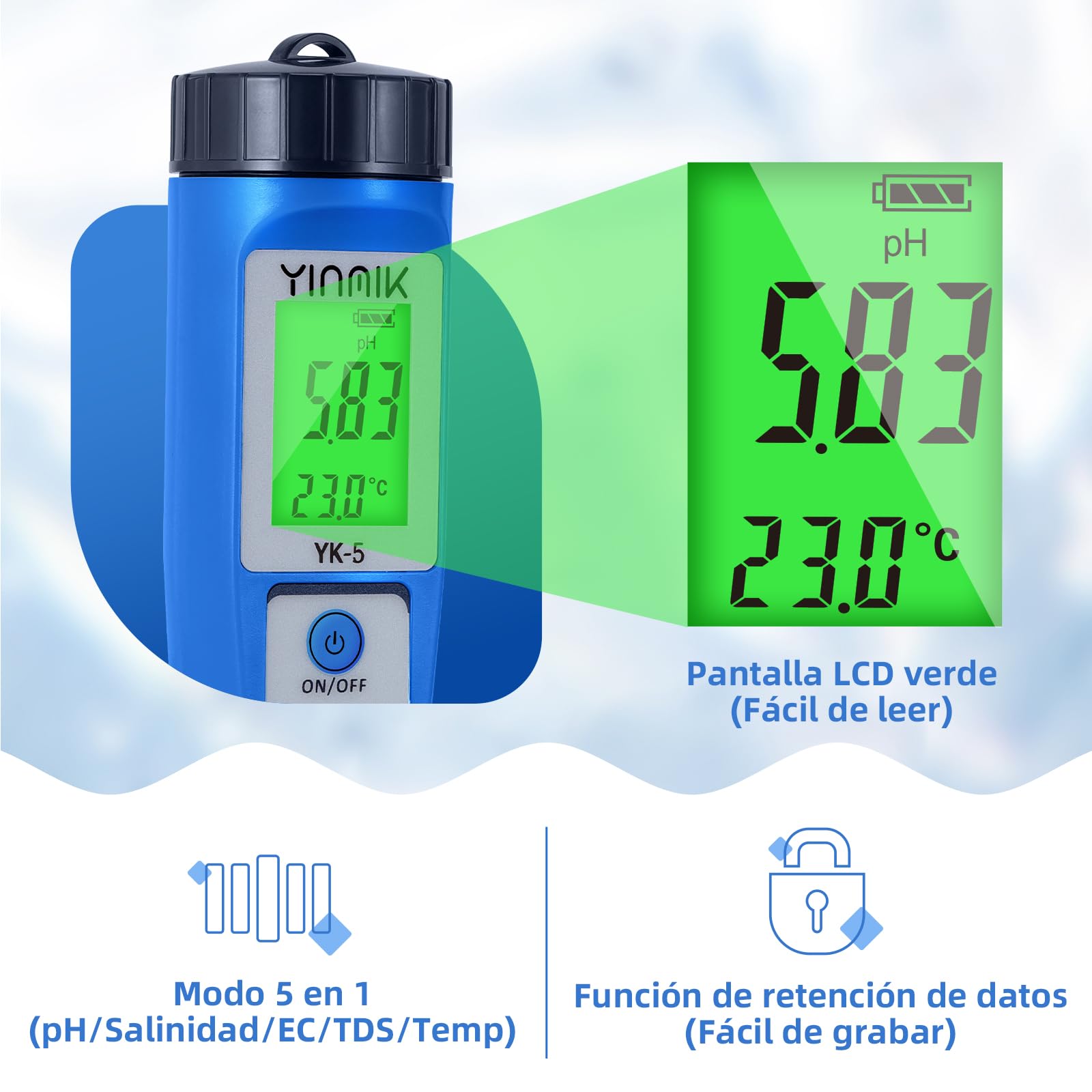YINMIK Medidor de pH y Salinidad Para Piscinas, Medidor Digital de Salinidad, Medidor de pH y TDS Multifunción 5 en 1 Para Piscinas, Spas, Análisis de Calidad del Agua, Agua Potable e Hidroponía
