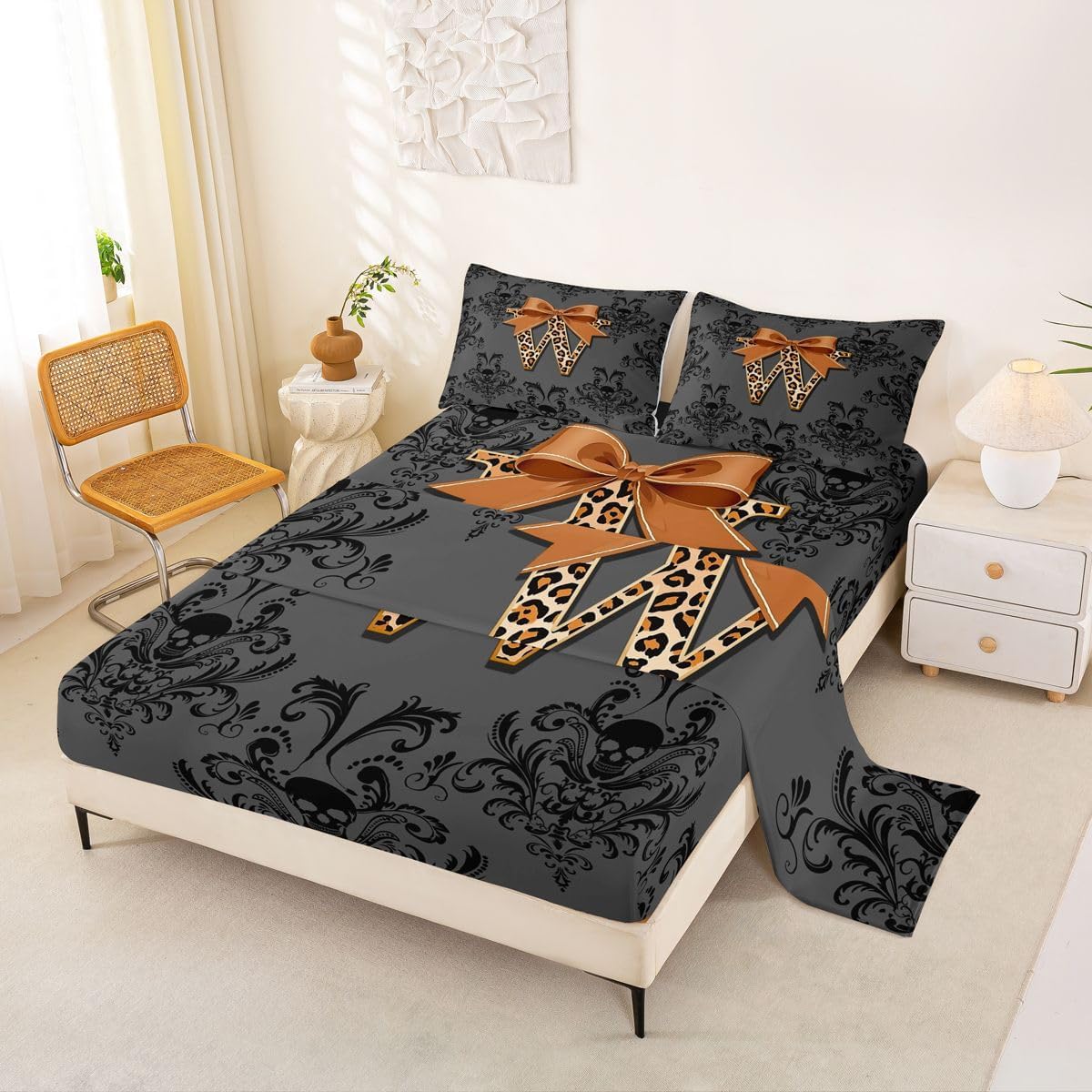 Erosebridal Brown Leopard Print Letter W Damask Sheet Set Sugar Skull Gothic Full Size Bed Sheets for Toddler Boys,Alphabet Vintage Floral Monogrammed Victorian Bedding Set