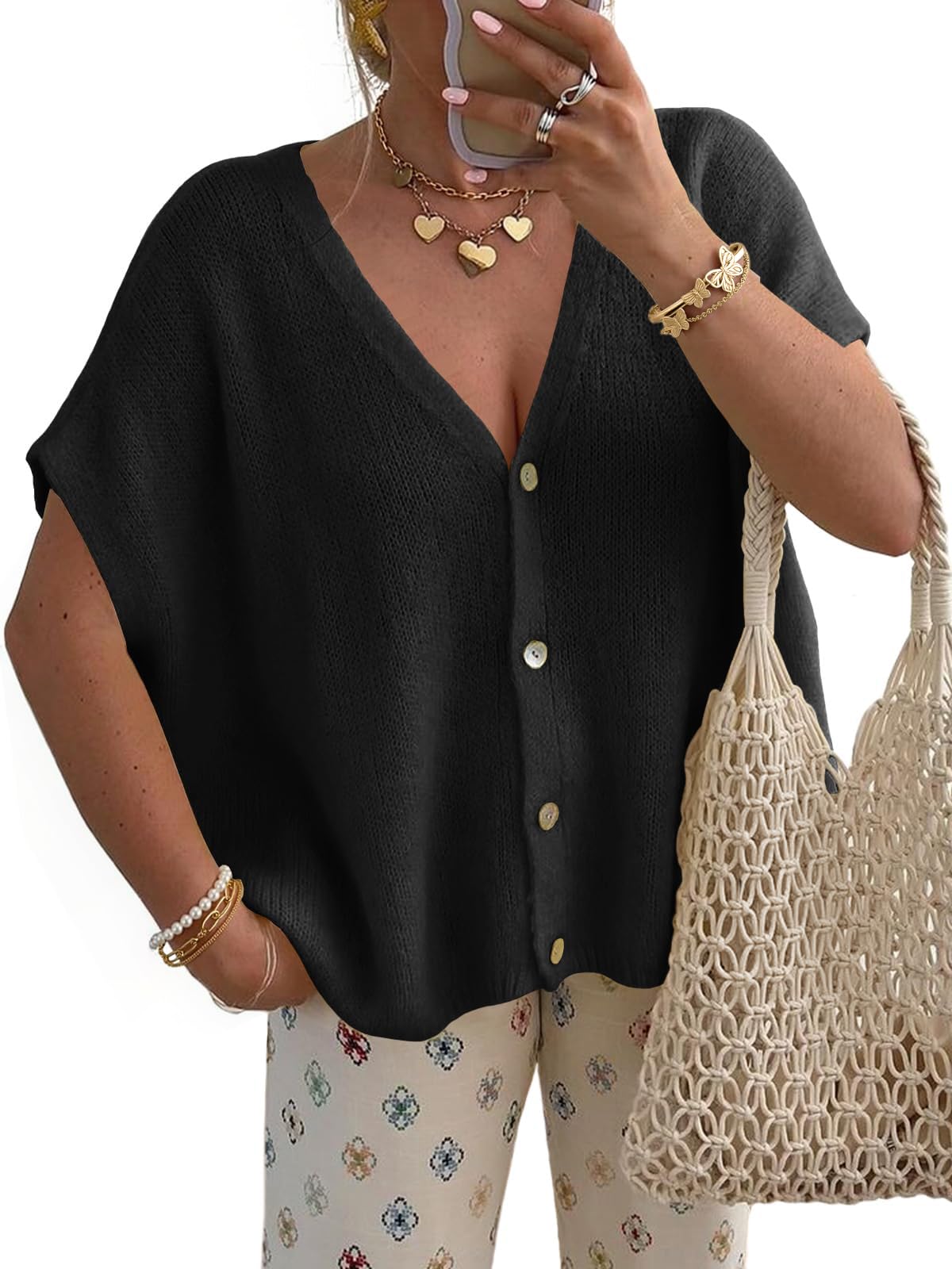 Womens Spring Oversized Sweaters Cardigans 2026 Summer Tops Batwing Short Sleeve V Neck Button Trendy Coverup Trip Outfits