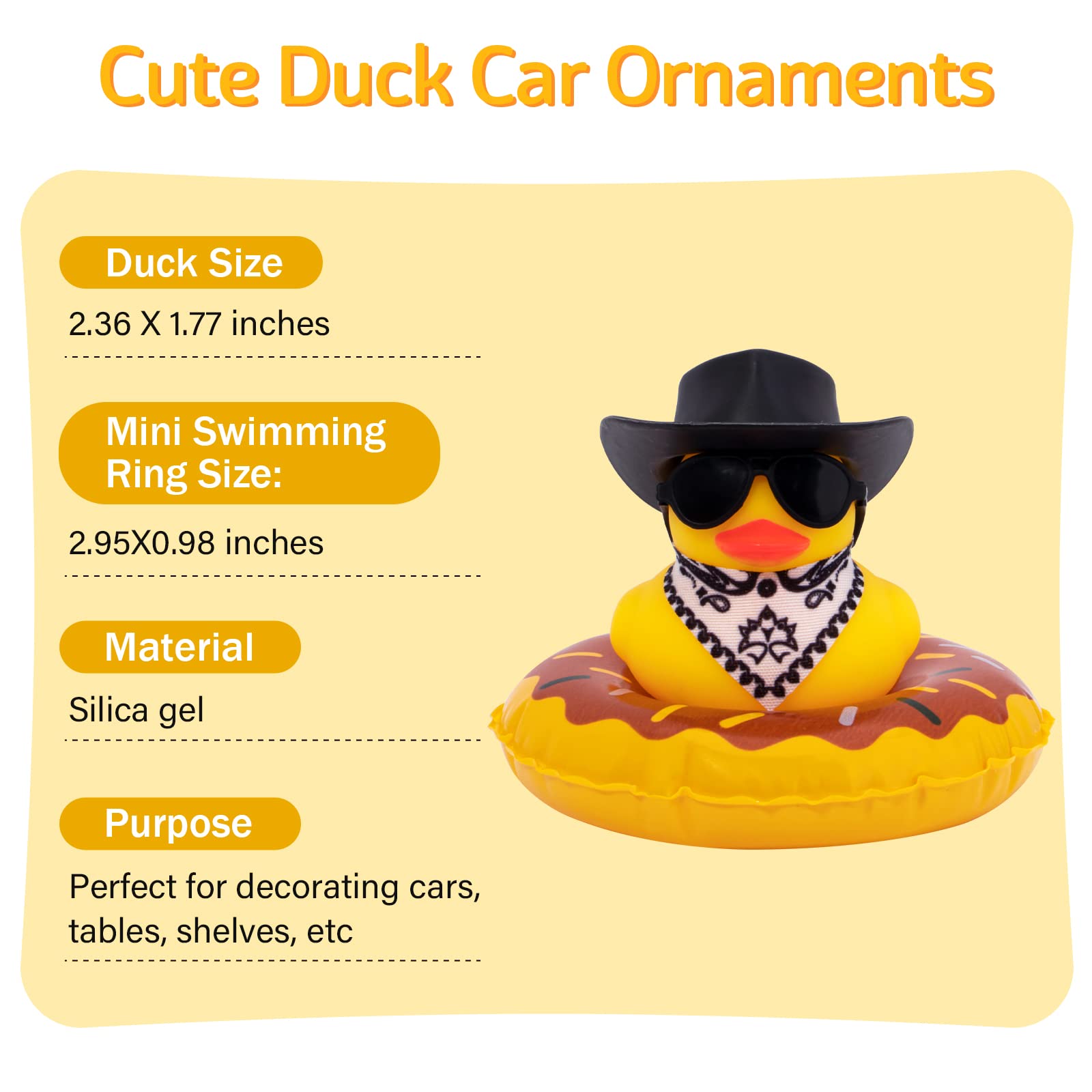 wonuu Car Rubber Duck Decoration, West Cowboy Duck Car Dashboard Decoration Accessories with Mini Swim Ring Cowboy Hat Scarf and Sunglasses, A_Black Straw and Cowboy hat
