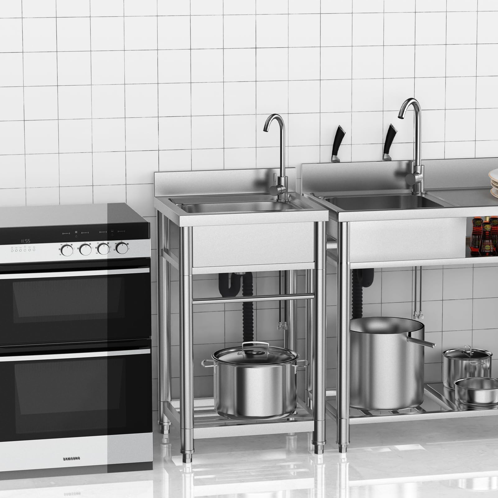 Utility Sink Standing Stainless Steel with Countertop Single Bowl Commercial Kitchen Sink Workbench/Drainboard for Commercial Restaurant Kitchen Laundry Room Backyard Outdoor - 5