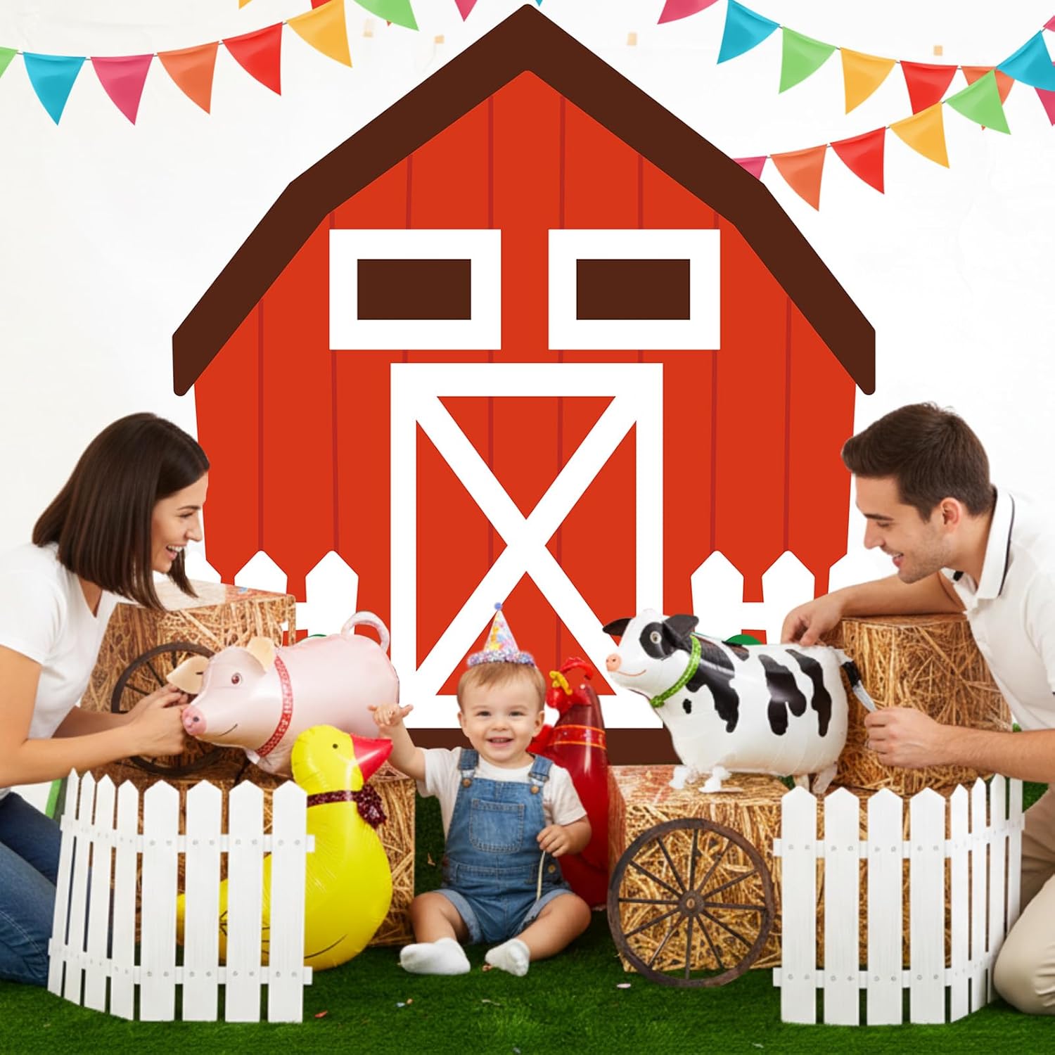 Geelin 16 Pcs Farm Animal Theme Party Decors Trunk or Treat Farm Theme Barnyard Kit Halloween Archway Garage Decor Wagon Wheel Grain Straw Hay Bale Box Picket Balloons Fence Country Background Supply