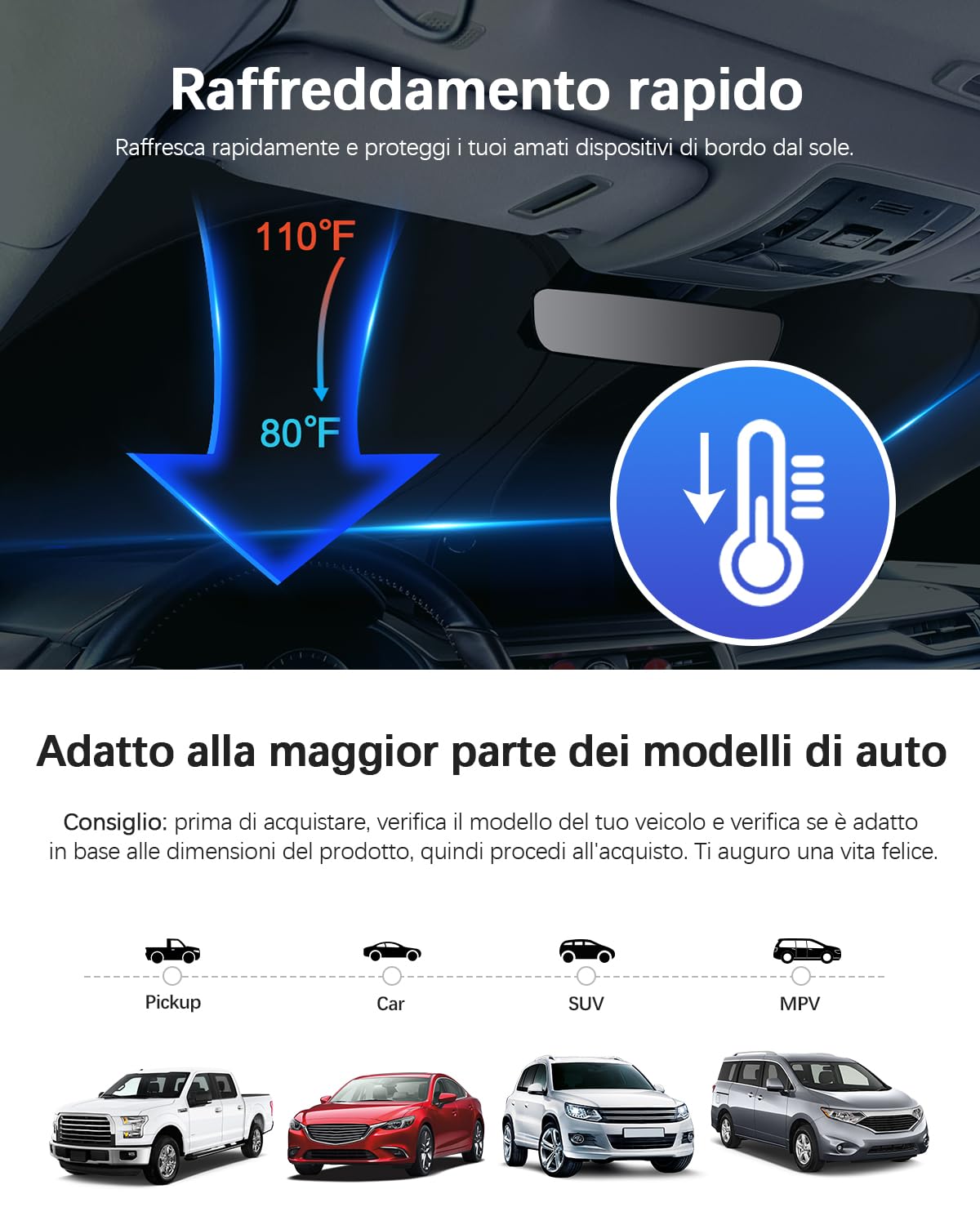 Parasole per Parabrezza Auto Copertura antineve con Cinghia, Parasole per Neve e Ghiaccio, Protezione per Parabrezza, Copertura Antipolvere, Telo copriauto per Inverno e Estate