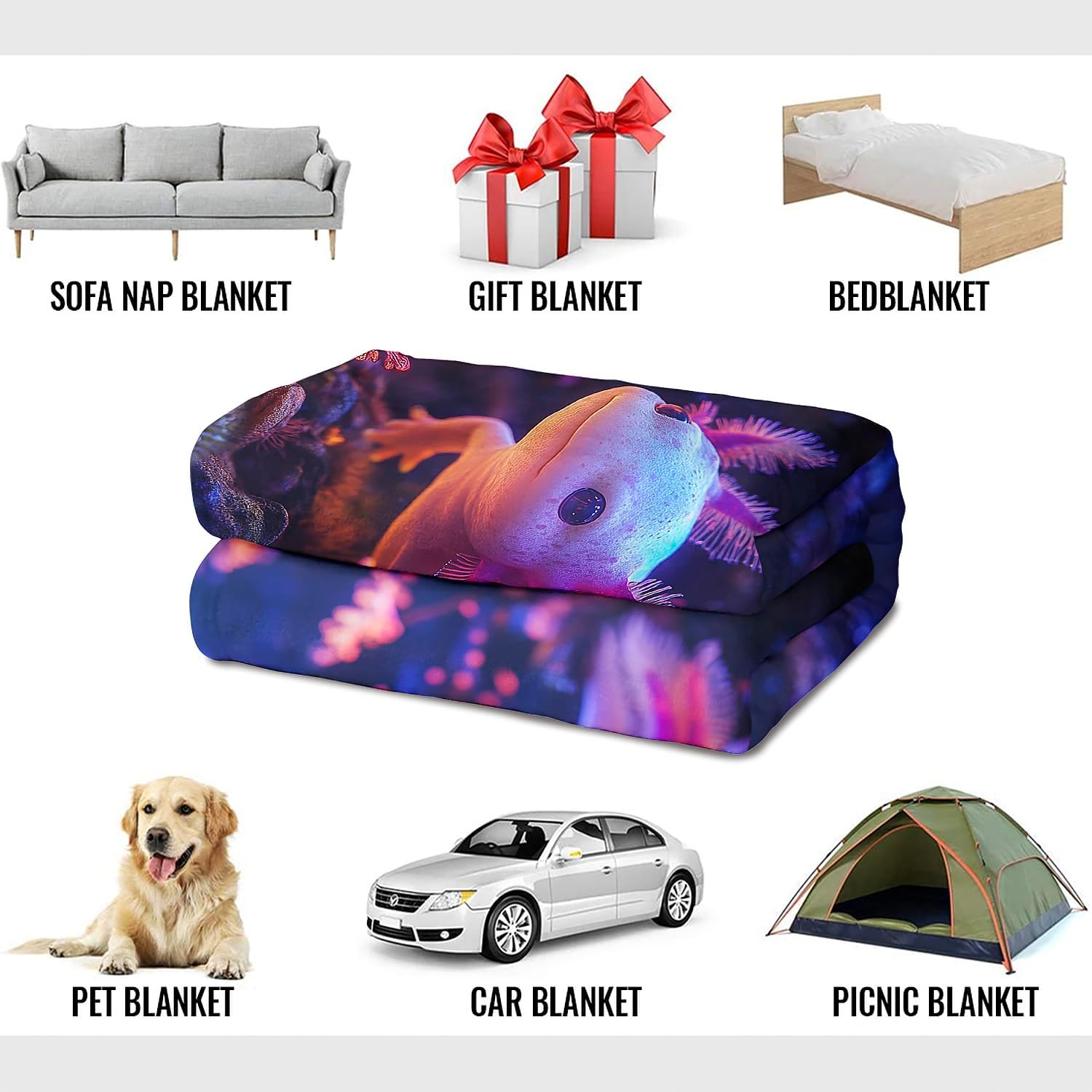 Axolotl Throw Blanket, 60"x80", Cute Axolotl Gifts, Soft Plush Travel Essentials for Kids & Adults, Cozy Fleece Blanket for Room Decor, Sofa, Bed & Camping, Purple and Blue