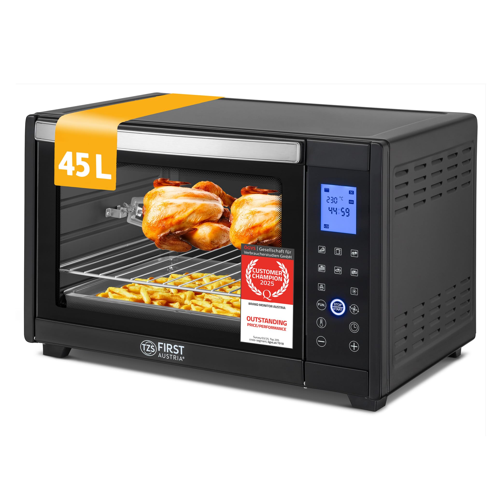TZS First Austria Mini Horno 45L 2000W con Premium-X Coating – Minihorno Digital hasta 230°C & 4 Alturas – Temporizador de 180 Min & 8 Modos – Incl. Asador Giratorio – Para cocinas pequeñas & camping