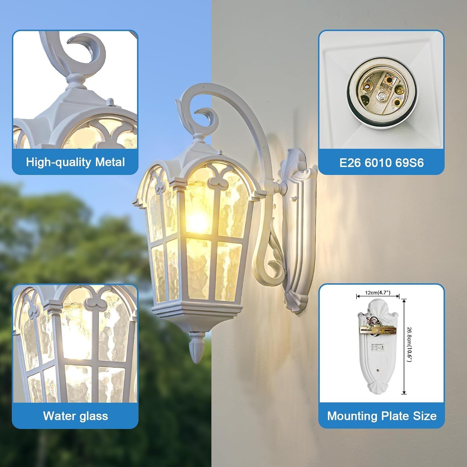 Outdoor Wall Lights for Porch, Patio, Yard - 17.1'' H White Exterior Wall Lighting Fixtures, Waterproof & Anti-Rust Outside House Light Wall Mount Lantern Sconce