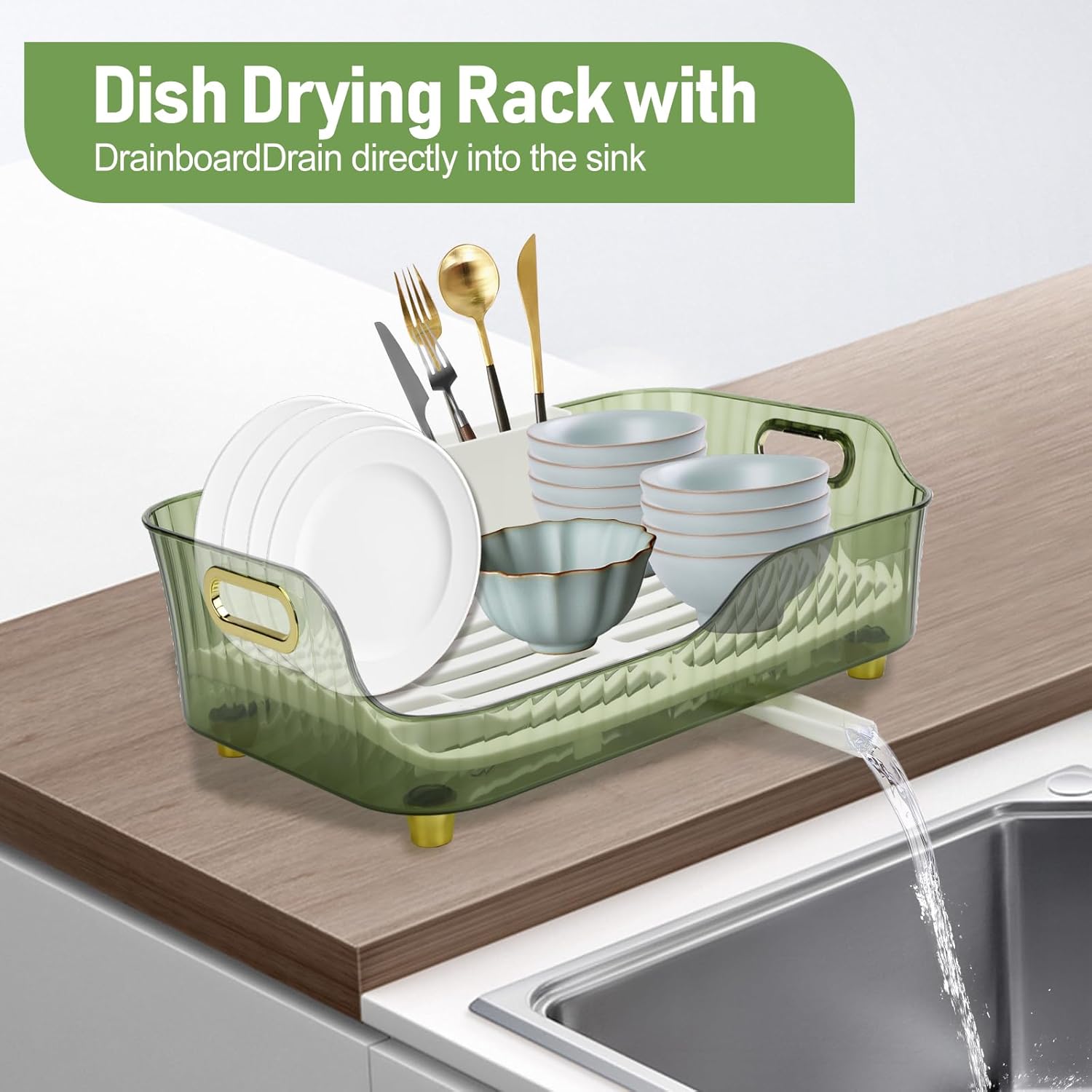Dish Drying Rack, Plastic Dish Rack, Large Capacity Dish Drainer Rack, Space Saving Plate Drying Rack, Clear Kitchen Draining Rack for Chopsticks Bowl Plate Spoon (Green)