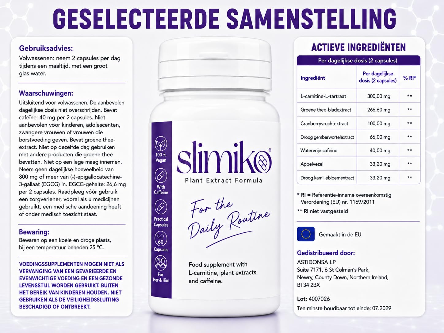 Slimiko 60 Gélules – Complément alimentaire pour adultes avec L-carnitine L-tartrate, extrait de thé vert, canneberge, gingembre, caféine, fibre de pomme et camomille