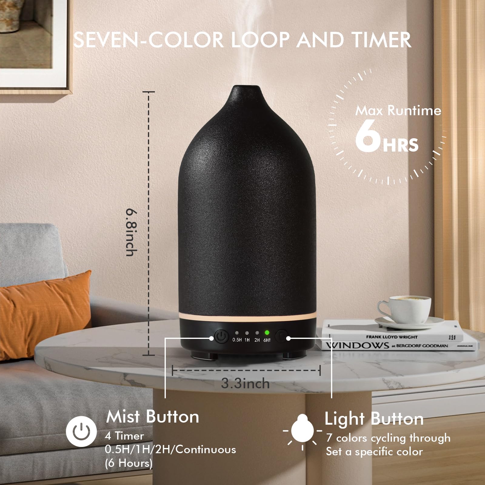 Diffusore di oli essenziali in ceramica, diffusore per aromaterapia da 150 ml, per oli essenziali, con timer e luce LED a 7 colori, diffusore di aromi ad ultrasuoni, con spegnimento automatico