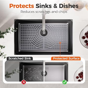 Snuggery Silicone Sink Protector 26“x14 Rear Drain Hole, Heat Resistant Non-Slip Dishwasher Suitable, Large Sink Mat for Bottom of Farmhouse Kitchen Stainless Steel Sinks(Grey