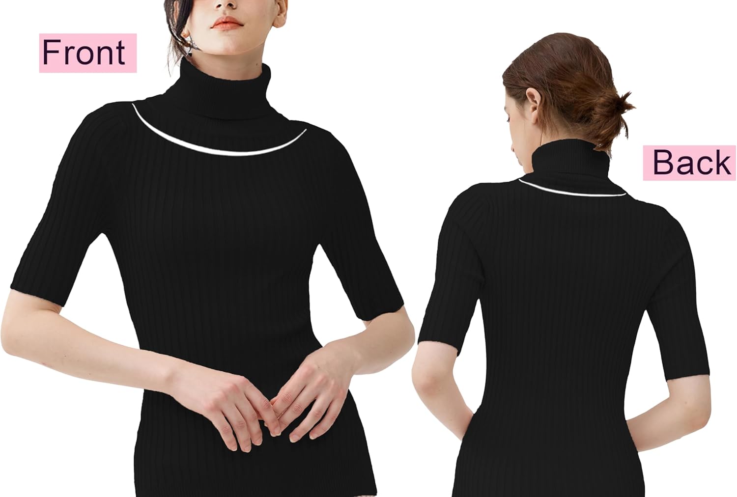 v28 Women Turtleneck 1/2 Half Sleeve Highly Stretchy Ribbed Knit Fitted Sweater - Image 2