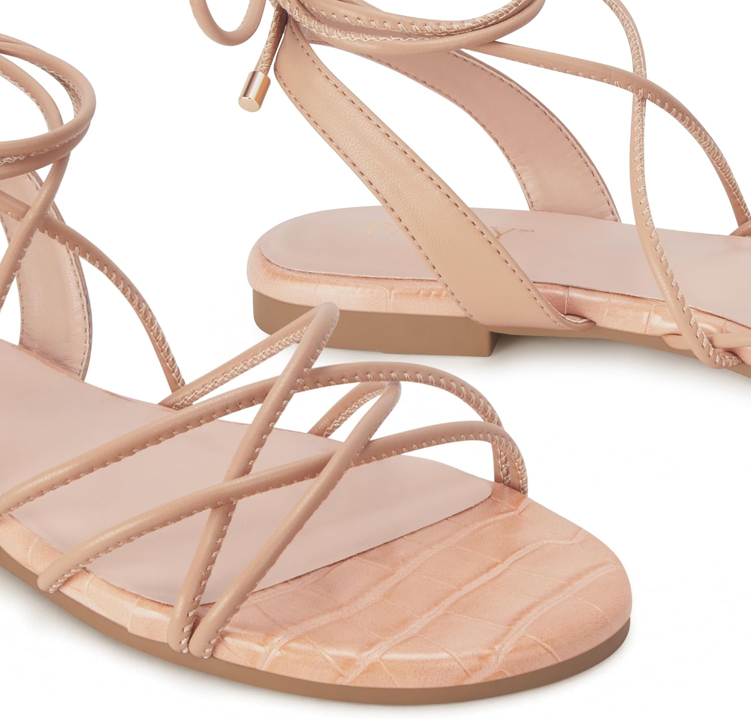 PARTY Women's Strappy Sandals Gladiator Lace Up Flats Summer Wrap Open Toe Tie Up Shoes, Nude, 8B - Image 5