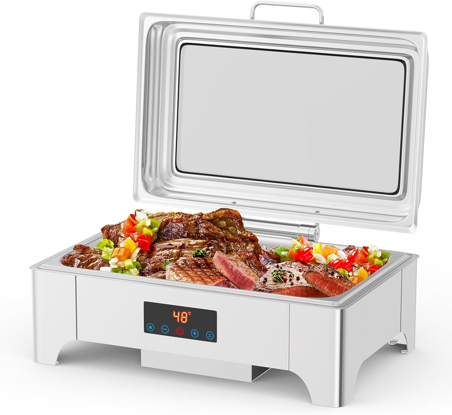 Electric Chafing Dish, 9QT Full Size Touch Screen Chafing Dishes for Buffet Roll Top Set Food Servers and Warmer with Glass Lid for Catering, Parties, Weddings, Silver 1 Pack Electric Chafing Dishes Silver