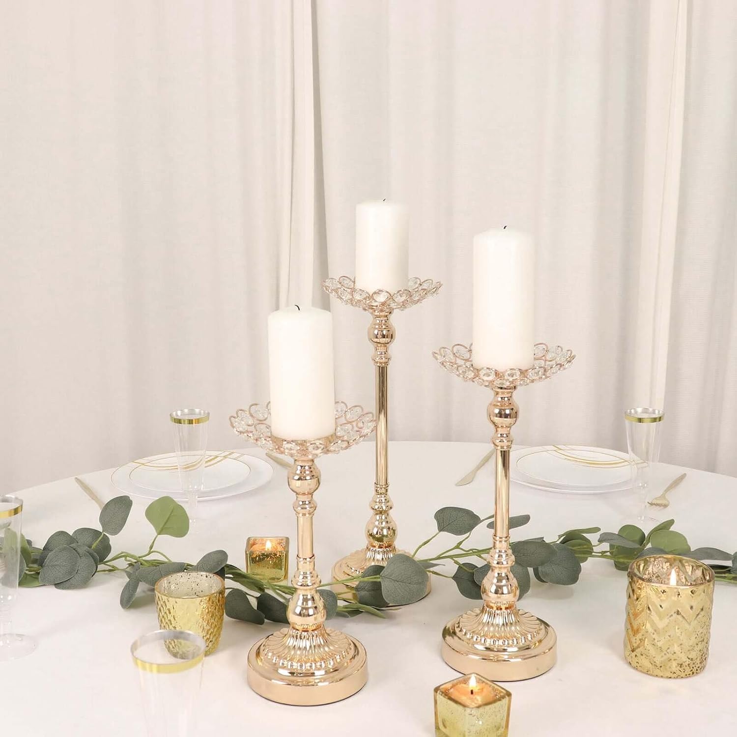 Efavormart Set of 3 | Gold Metal Crystal Beaded Votive Candle Holder Centerpieces, Tea Light Candle Holder Stands - 11",13",15"