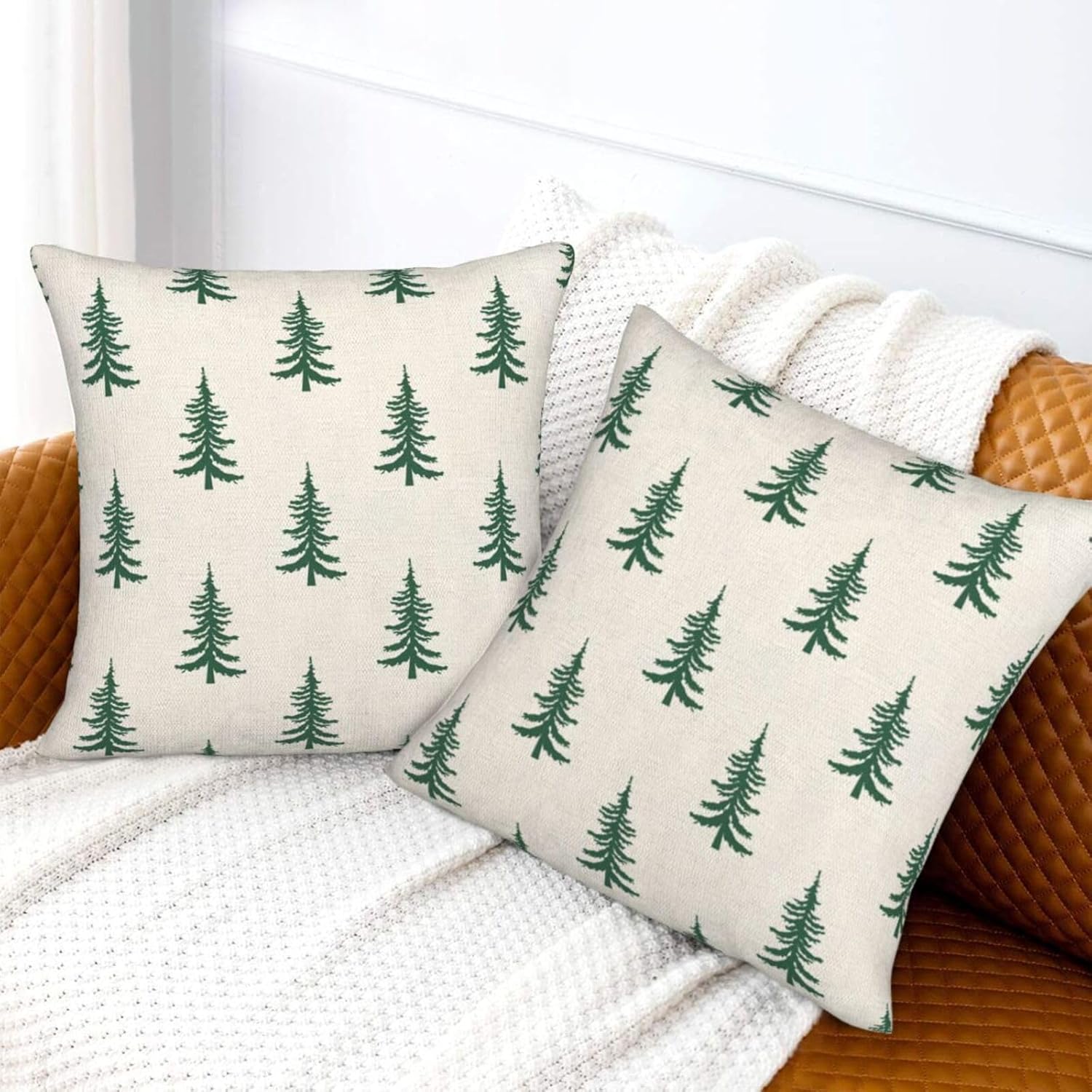 Christmas Pillow Covers 22 x 22 Inch Set of 2, White Green Chirstmas Tree Decorations Throw Pillow Covers Outdoor Winter Holiday Farmhouse Xmas Cushion Case Linen Square for Home Couch Sofa