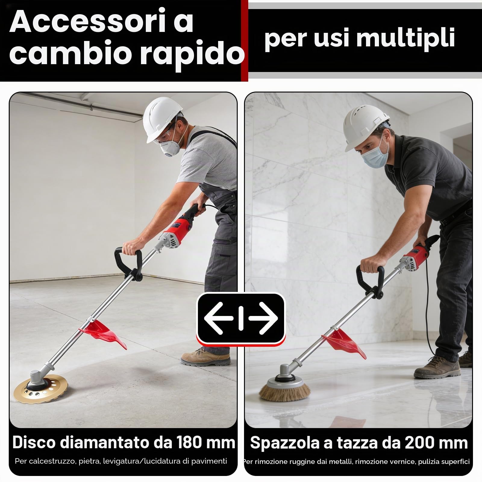 Smerigliatrice per Calcestruzzo, 1,5 m Giraffa Levigatrice per Muro, Levigatrice per Cemento Elettrica 2800W, con Piatto Levigante 180 mm, Spazzola a Tazza 200 mm, per Calcestruzzo, Pareti e Metallo