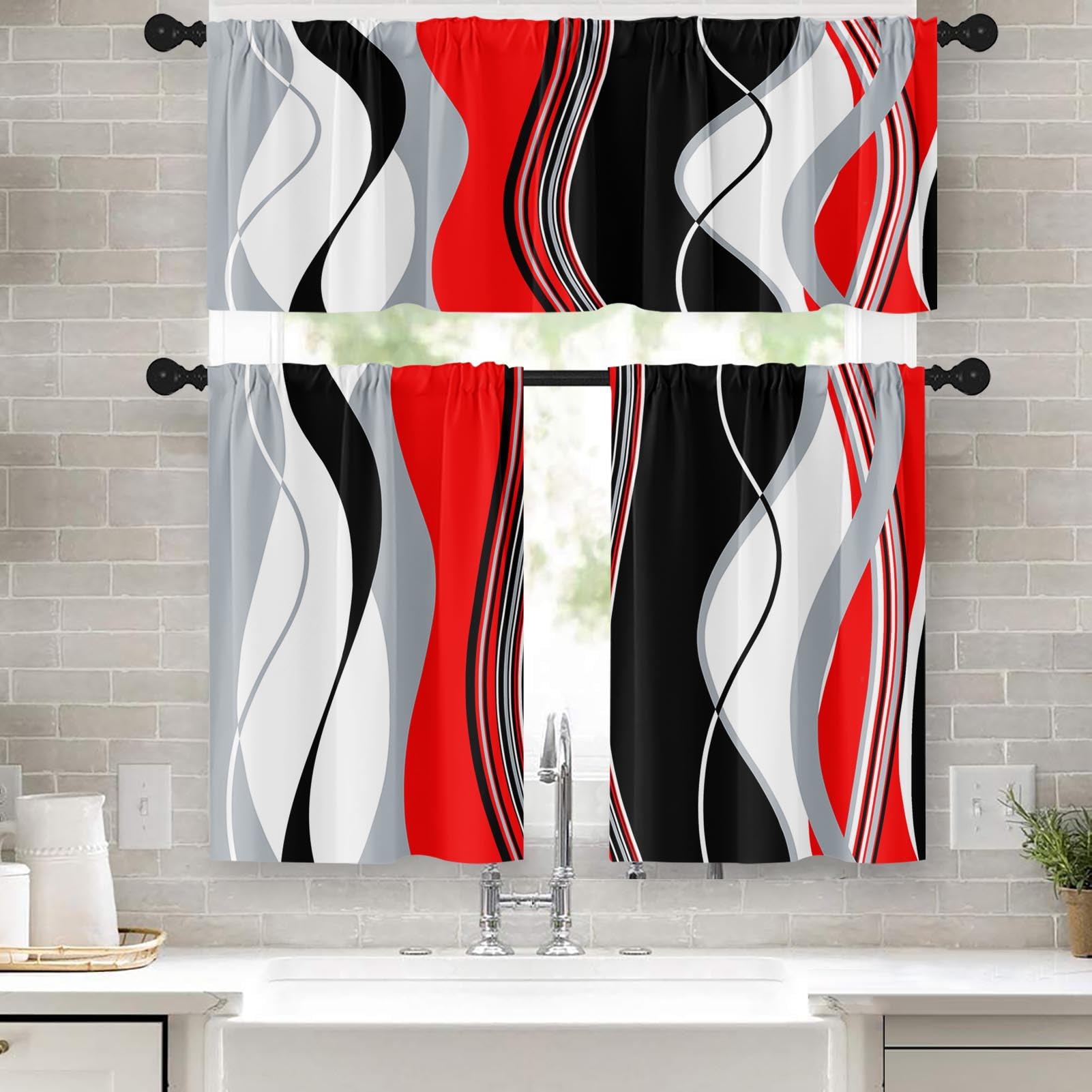 Tayney Red Grey White Black Kitchen Window Curtains Valance and Tier Set 36 Inch, Geometric Lines Abstract Rod Pocket Short Tier Curtain for Bathroom,