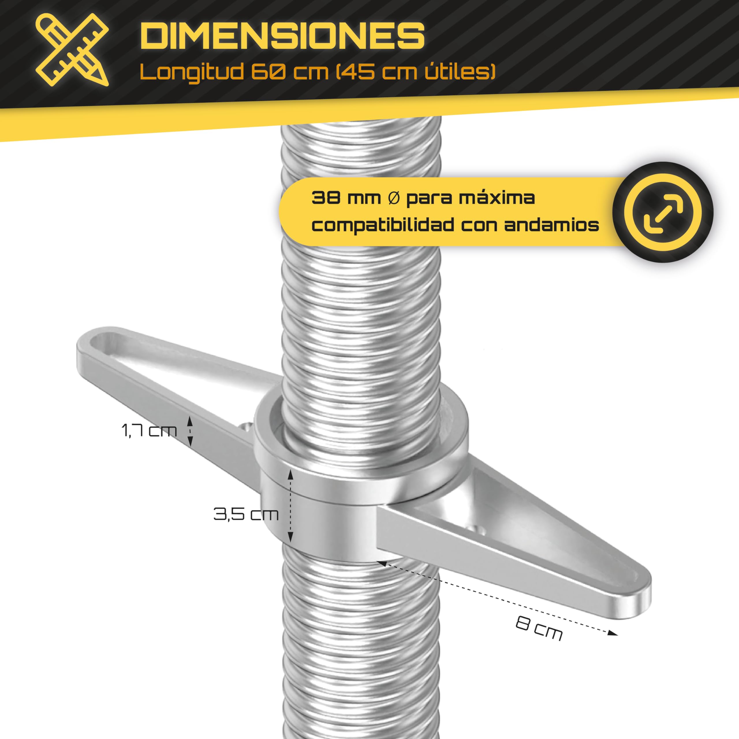 base de andamio [60 cm de longitud] husillo andamio - husillo de andamio - husillo para andamio - husillos para andamios - husillo para andamios & placa roscada - base andamio regulable