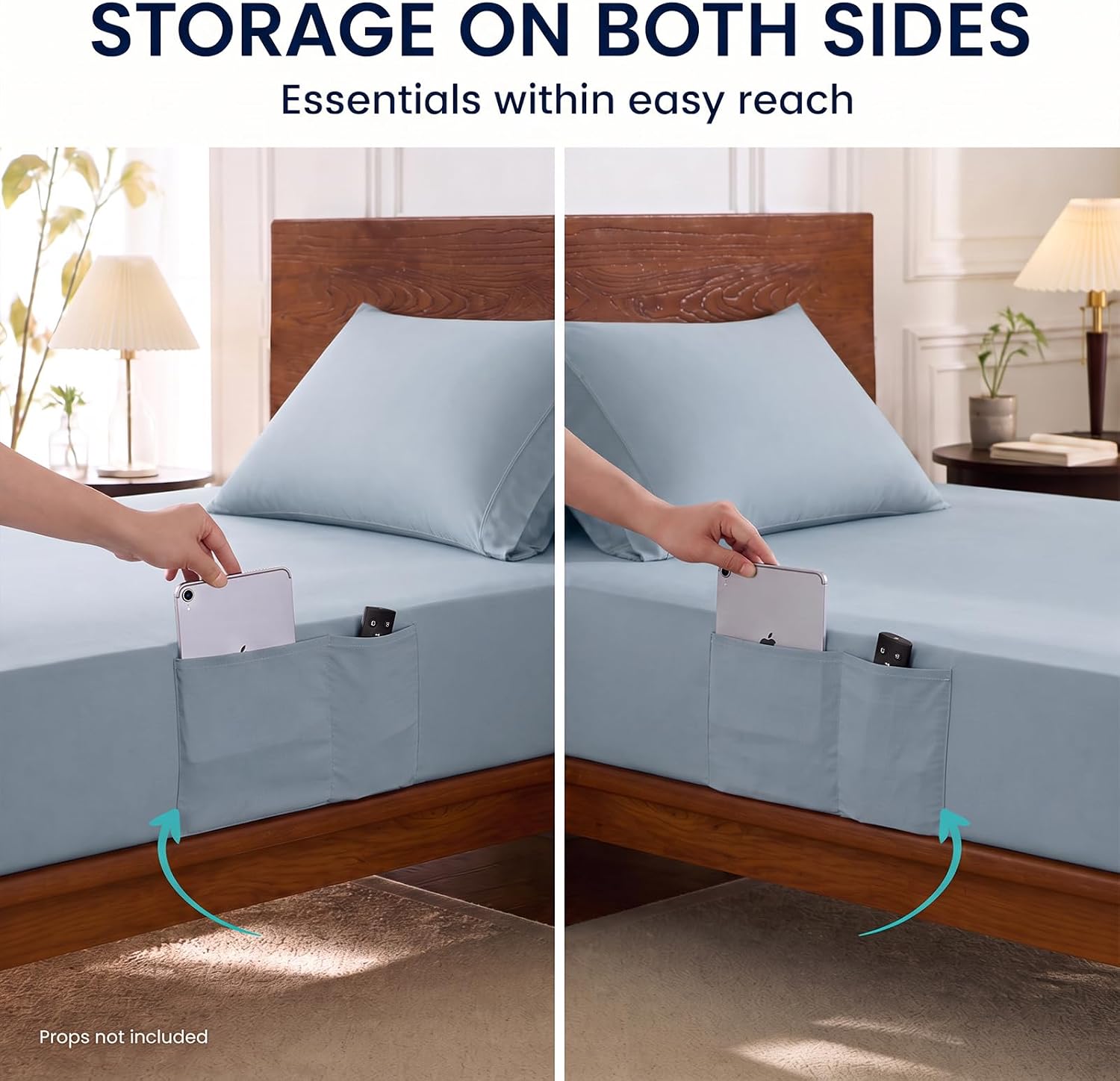 Cathay Home King Fitted Sheet with Double-Sided Pockets, Blue Fog image 2
