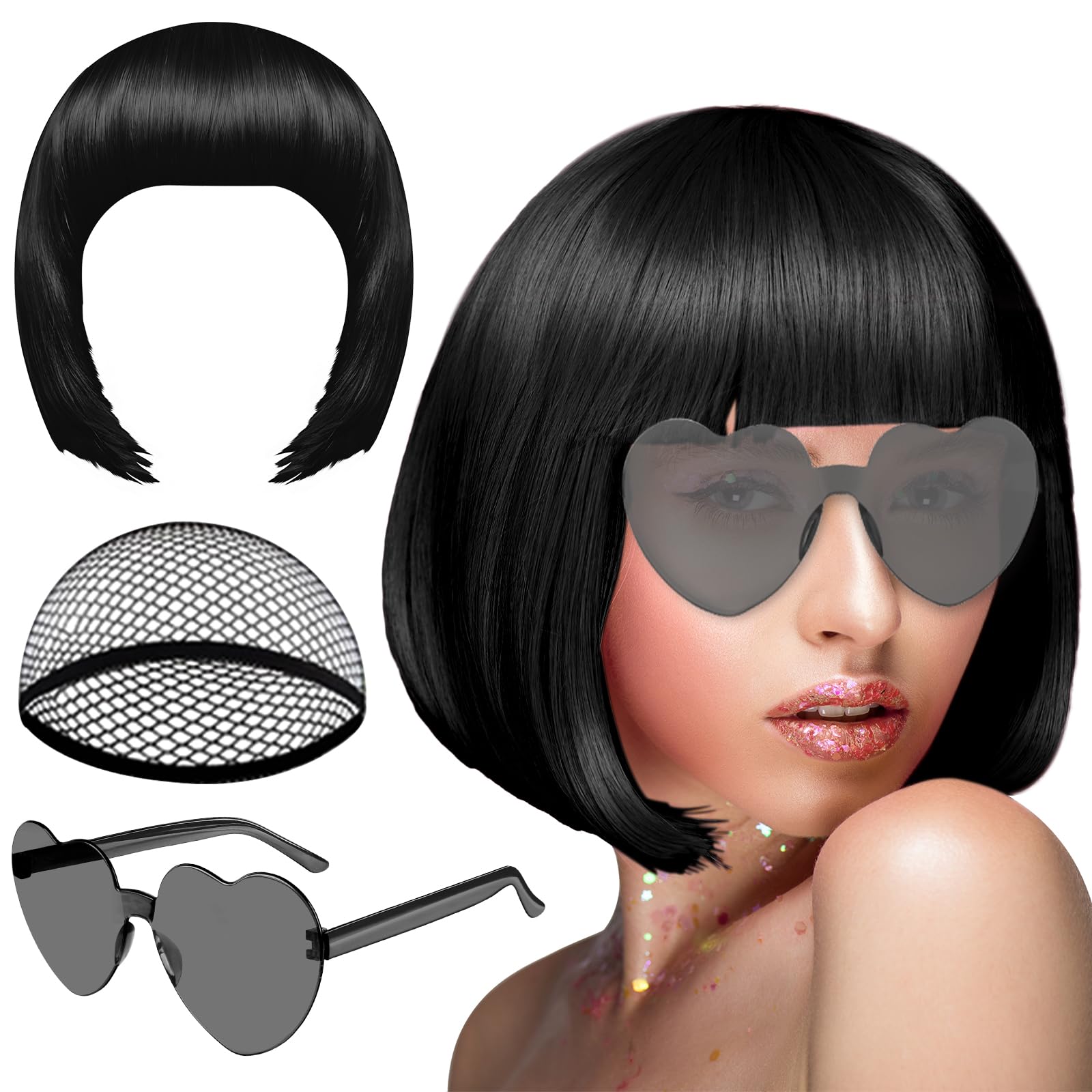 PLULON Black Short Bob Wig and Sunglass Set, Neon Short Bob Wig Sunglass Pack Costume Colorful Cosplay Wig Hairpieces for Bachelorette Neon Party