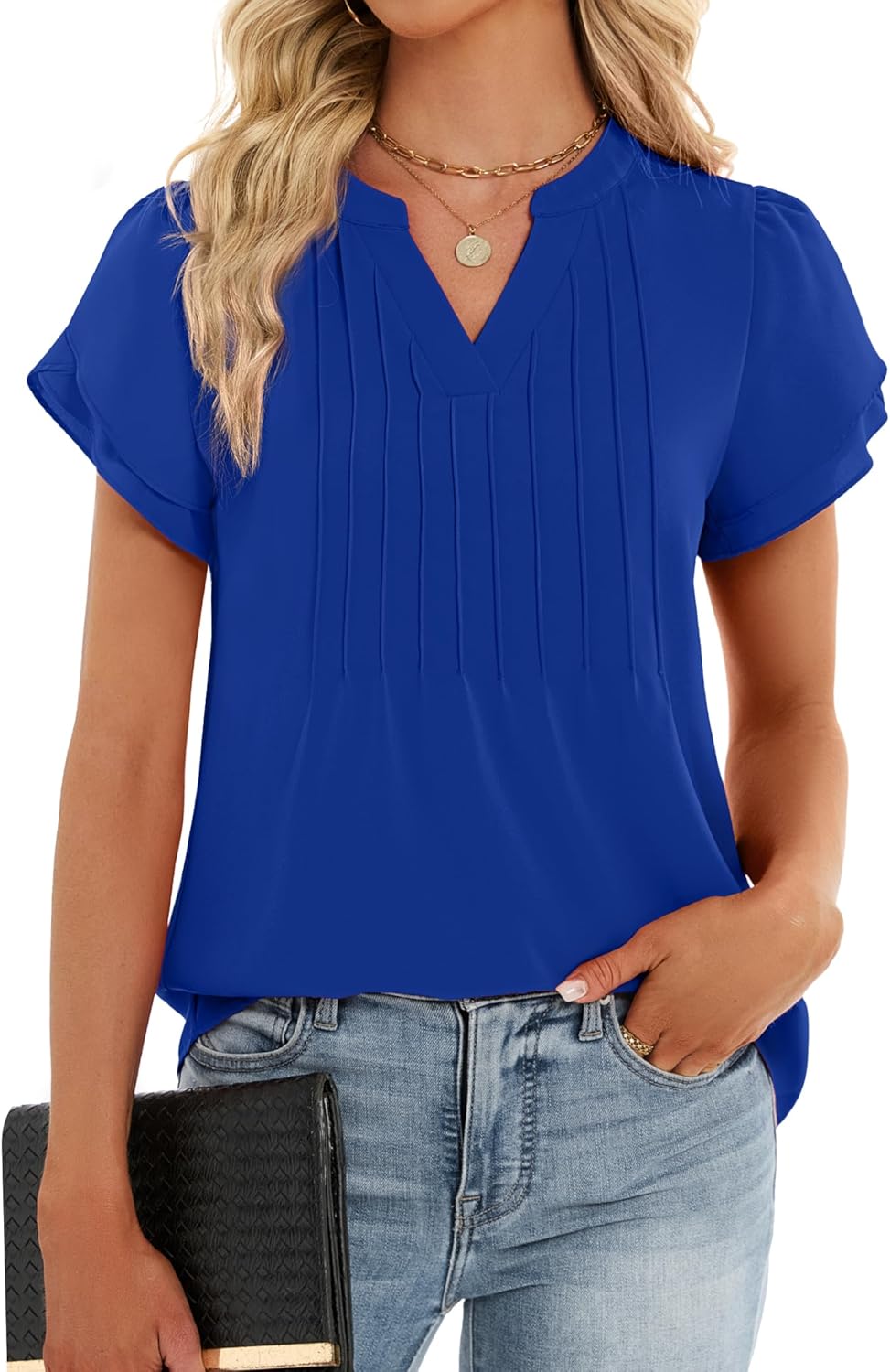 Funlingo Womens Tops Short Petal Sleeve V Neck Blouses Fashion 2026 Spring Dressy Casual Pintuck Work Shirt - Image 2