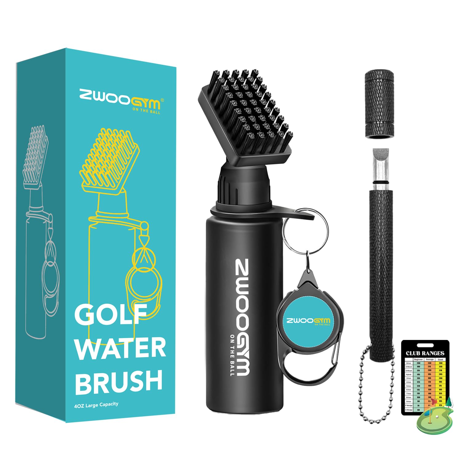 Pro Ensemble de nettoyage pour club de golf, brosse à eau avec clip de maintien et flacon de 4oz, aiguiseur de rainure de golf, convient pour rainures U et V (brosse noire + aiguiseur de