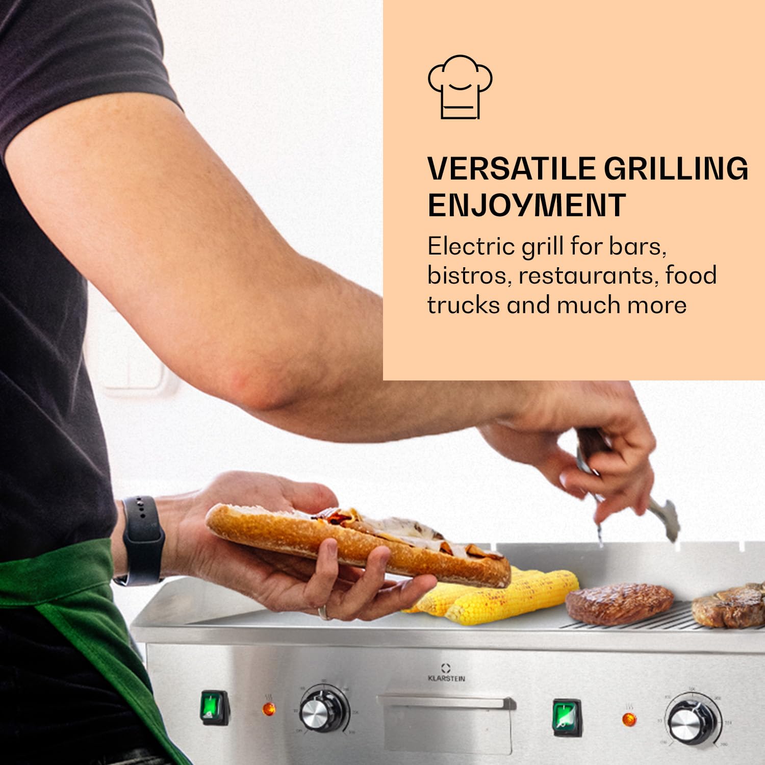 Klarstein Parrilla Eléctrica - Grill de Mesa con Pantalla LED para Balcón e Interior, Acero Inox, Placa Antiadherente Extraíble, Antisalpicaduras, 2 Zonas, 50-300 °C