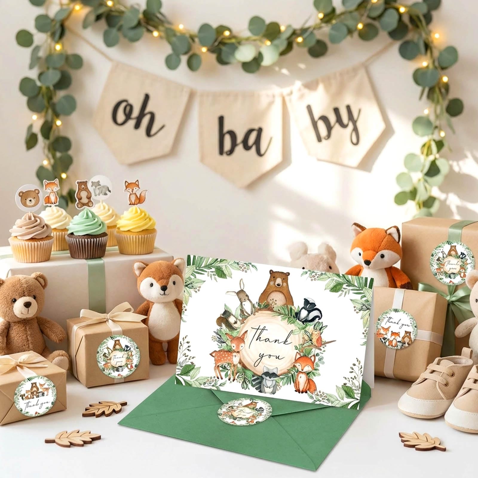 Woodland Dankeskarten, Waldtiere, Dankeskarten, 10,2 x 15,2 cm, mit passenden Umschlägen und Aufklebern, grüne Notizkarten, Wald-Baby-Party, Geburtstag, Dankeskarten (50 Stück)
