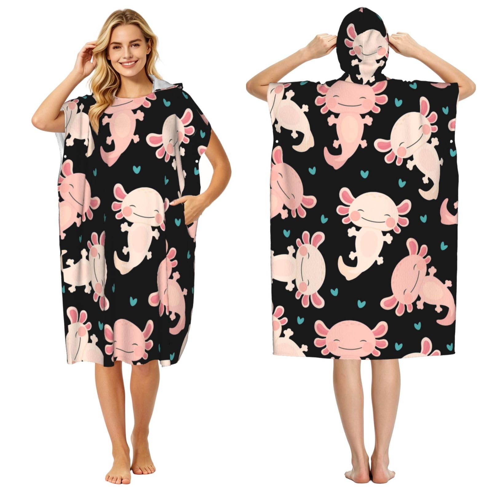 Poadnly Cute Axolotl, Adult Hooded Beach Towel 90 x 110 cm,Changing Bath Robe, Surf Poncho Towel For Women Men