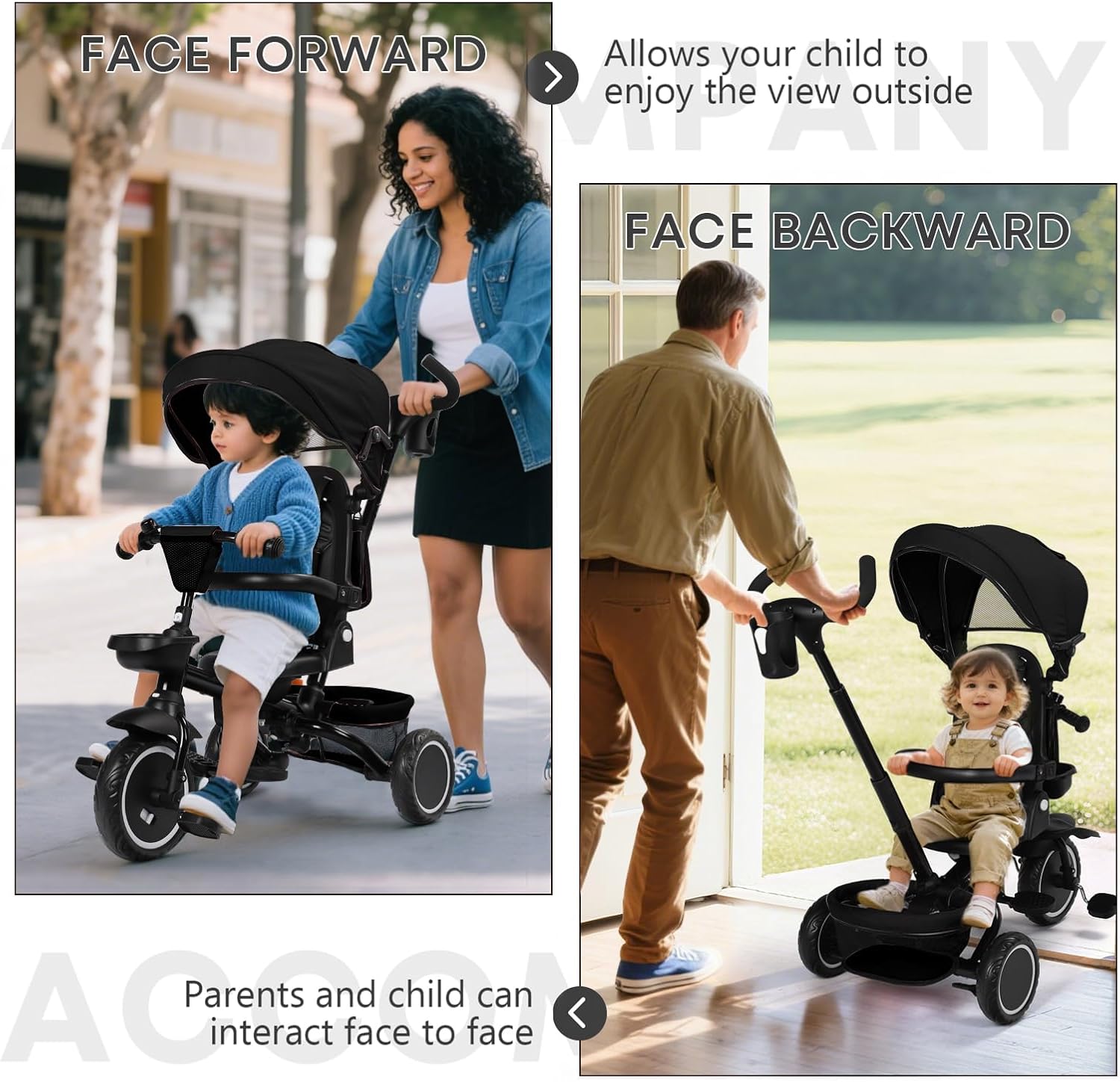 Kinder King Kids Tricycle, 8 in 1 Folding Toddler Trike w/Adjustable Push Handle, Rotatable Seat, Adjustable Canopy, Bell, Five-Point Harness, Storage, Bike Tricycle for Toddlers 1-3, Black