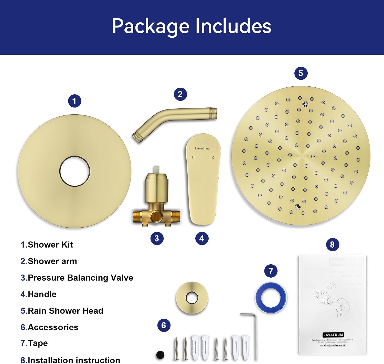 Brush Gold Shower Head and Handle Set Single Spray Premium Wall Mount 8 Inch Rainfall Round Shower Faucet with Rough-in Valve and Trim Kit for Bathroom（1.8GPM)