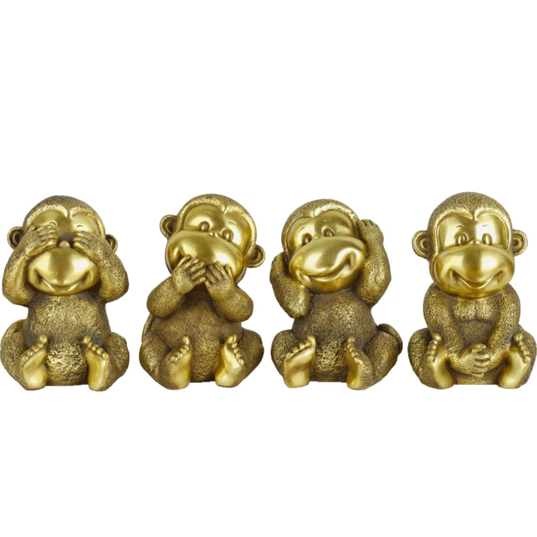 Zestaw rzeźby z brązu cztery mądre małpy – 'Hear No Evil, See No Evil, Speak No Evil' figurki artystyczne z litego mosiądzu, ręcznie robione mini posągi zwierząt
