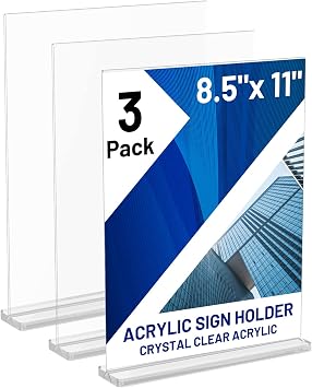 Acrylic Sign Holder 8.5 x 11 Inch Vertical T Shape Display Stand Double-Sided Desktop Clear Sign Holders Paper Holder Table Menu Holders Plastic Sign Stand for Home, Office, Restaurants, Store 3-Pack
