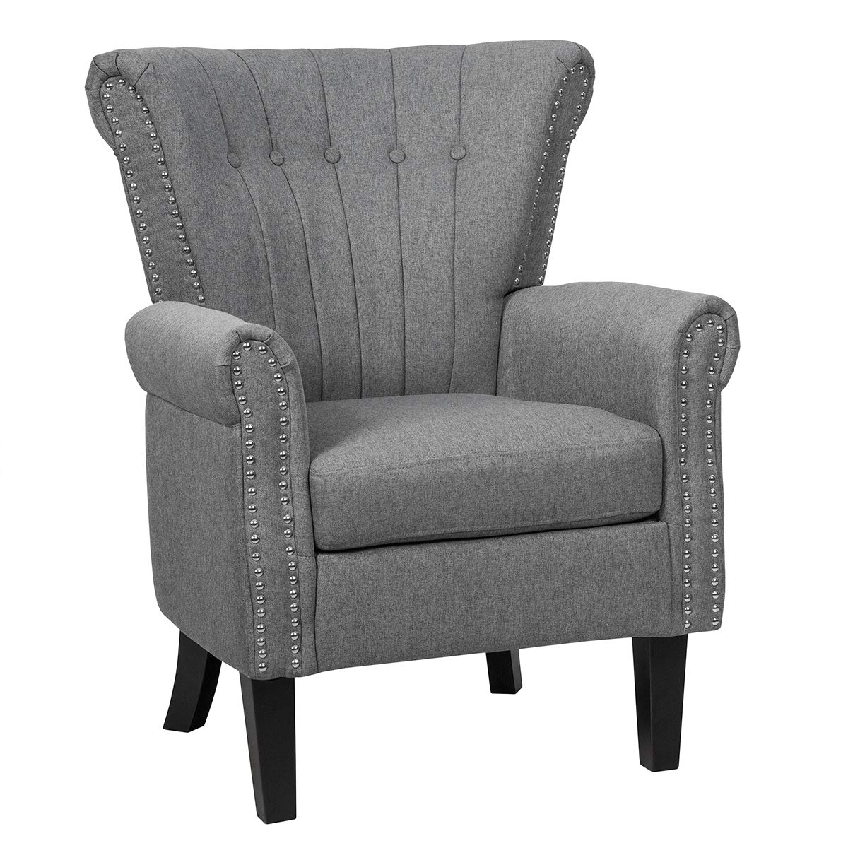 Giantex Fabric Accent Chair, Mid Century Button Tufted Accent Arm Chair w/Adjustable Foot Pads & Nailhead Trim, Comfy Club Chair for Living Room, Bedroom, Office (1, Grey)
